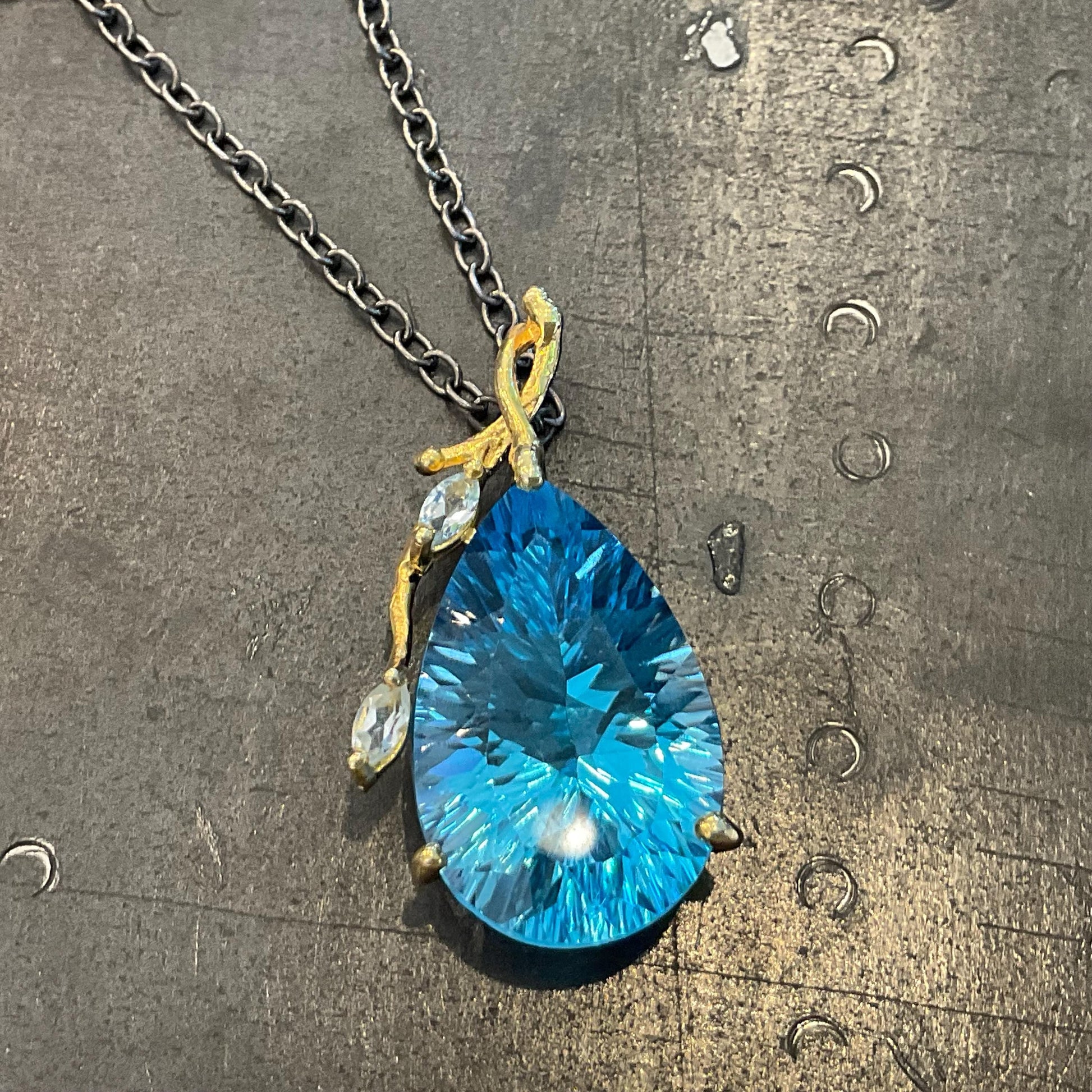 Sterling silver large blue topaz pear shape pendant with necklace Colors Of Etnika