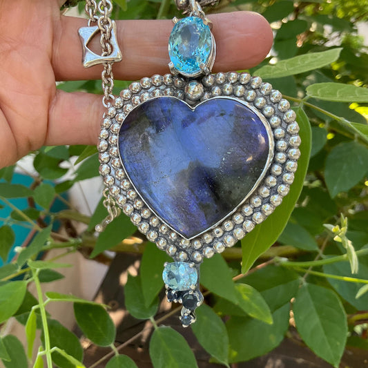 Sterling Silver labradorite blue topaz heart Pendant
