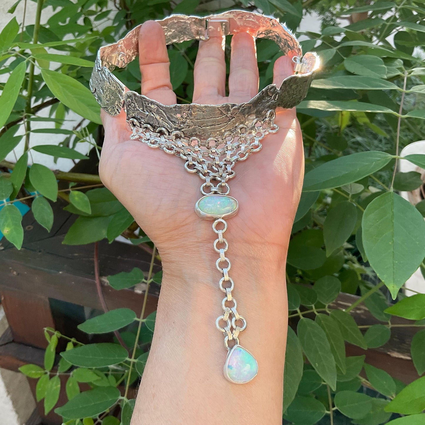 Sterling silver natural opals brutalist choker necklace Colors Of Etnika