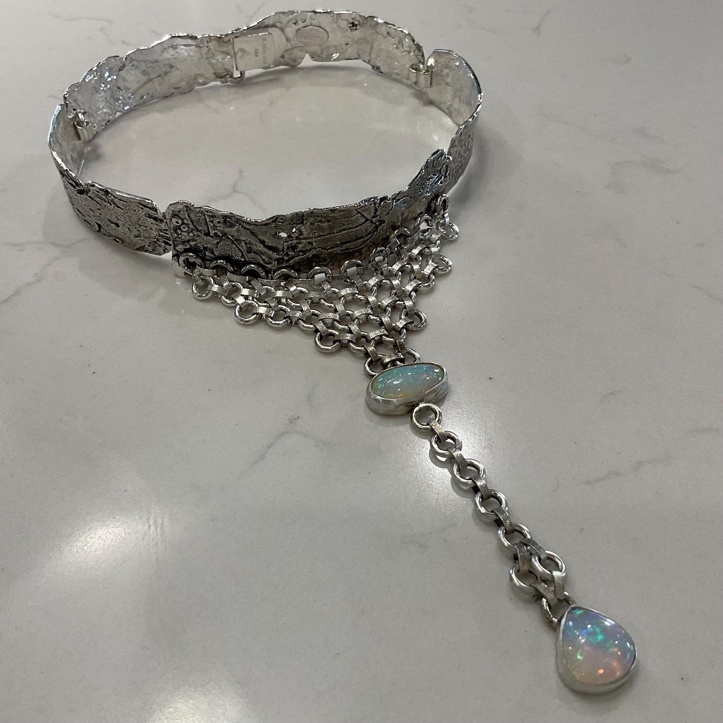 Sterling silver natural opals brutalist choker necklace Colors Of Etnika