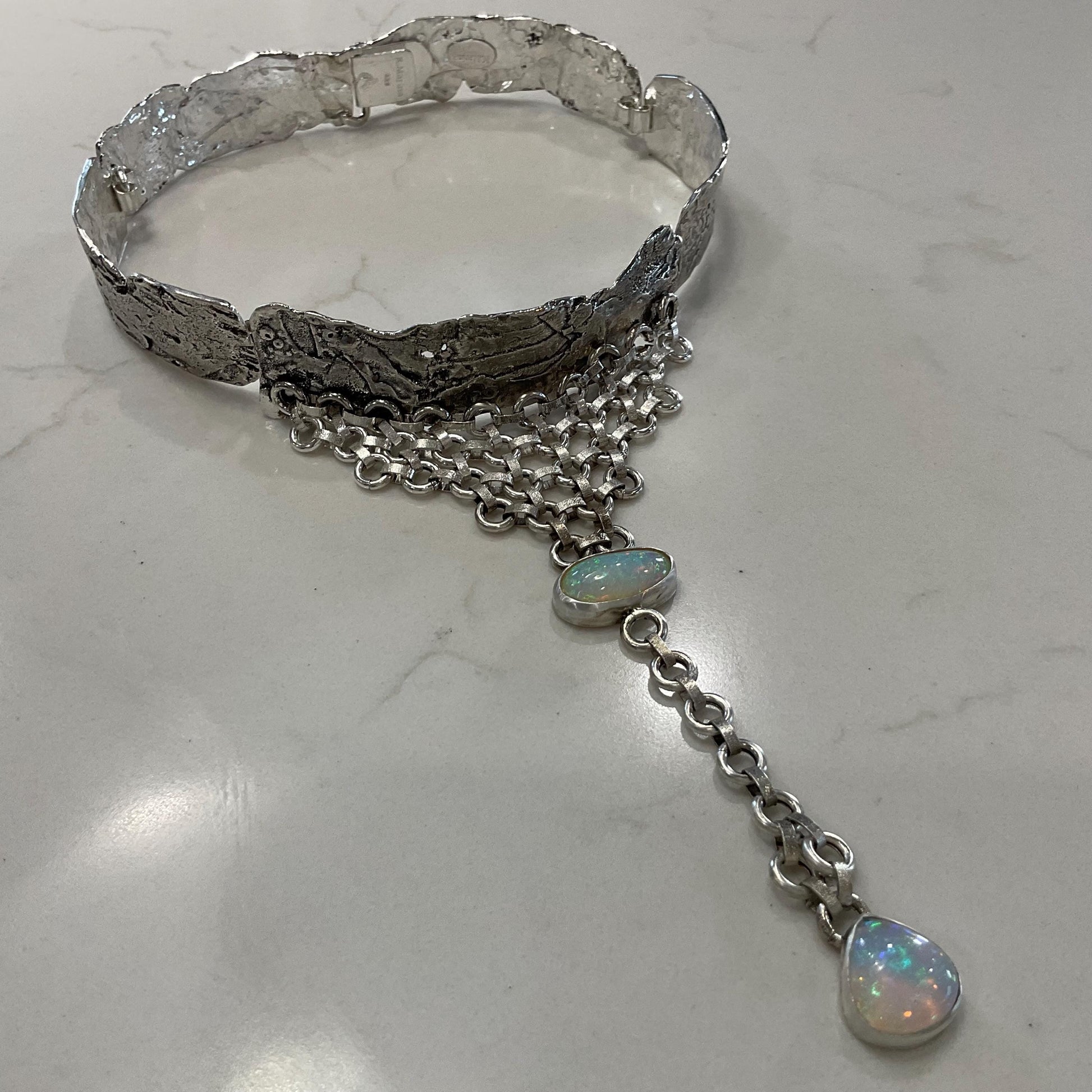 Sterling silver natural opals brutalist choker necklace Colors Of Etnika