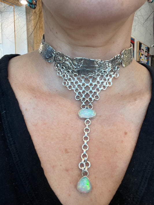 Sterling silver natural opals brutalist choker necklace