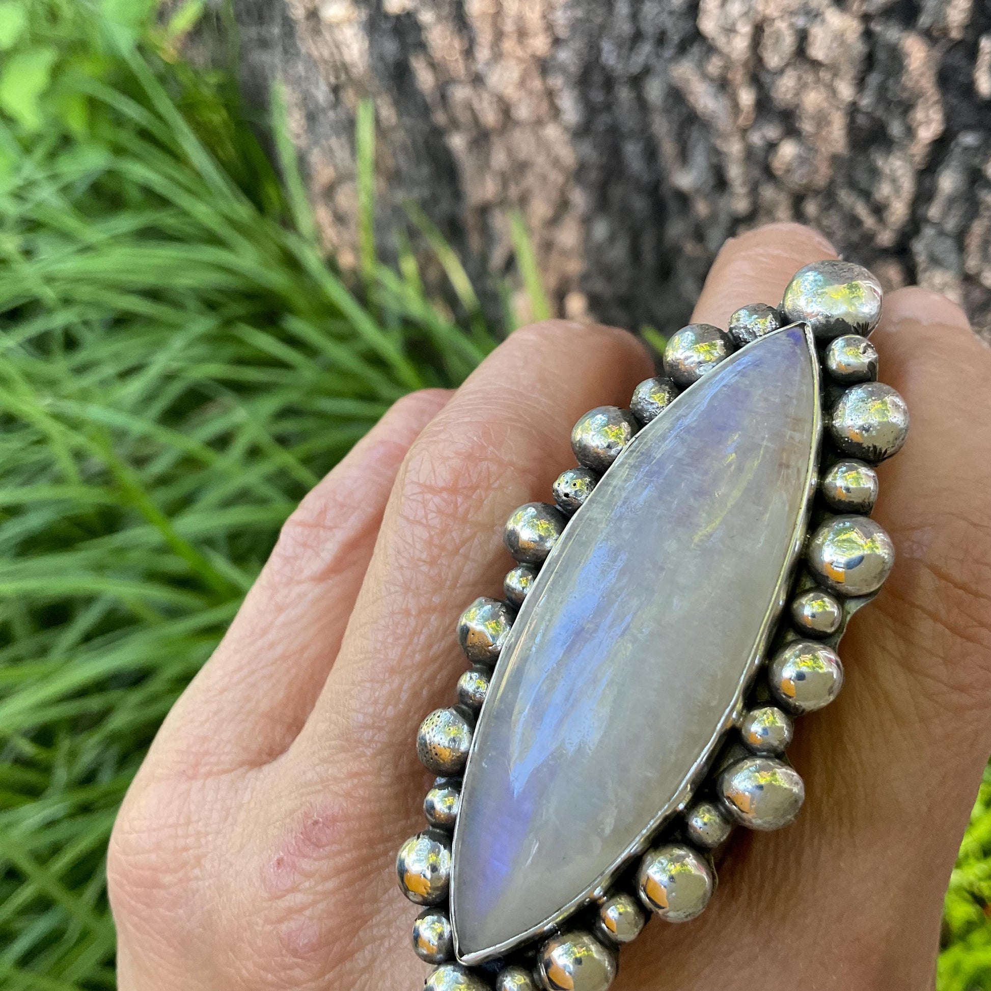 Sterling silver modernist sunburst moonstone cuff ring 7-11 Colors Of Etnika