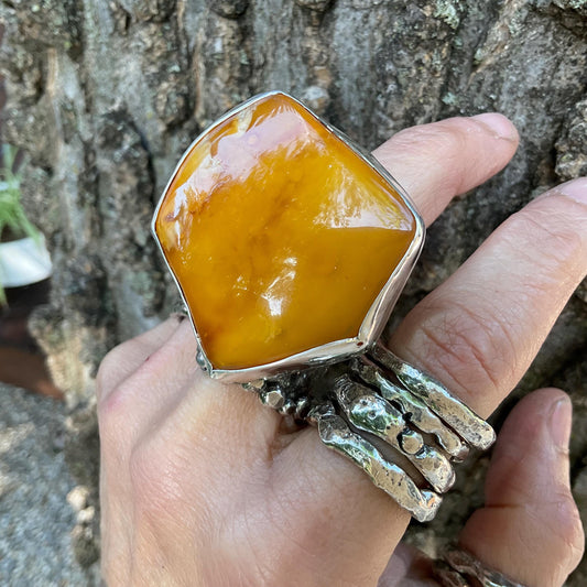 sterling silver butterscotch Baltic amber cuff ring 7.5-9