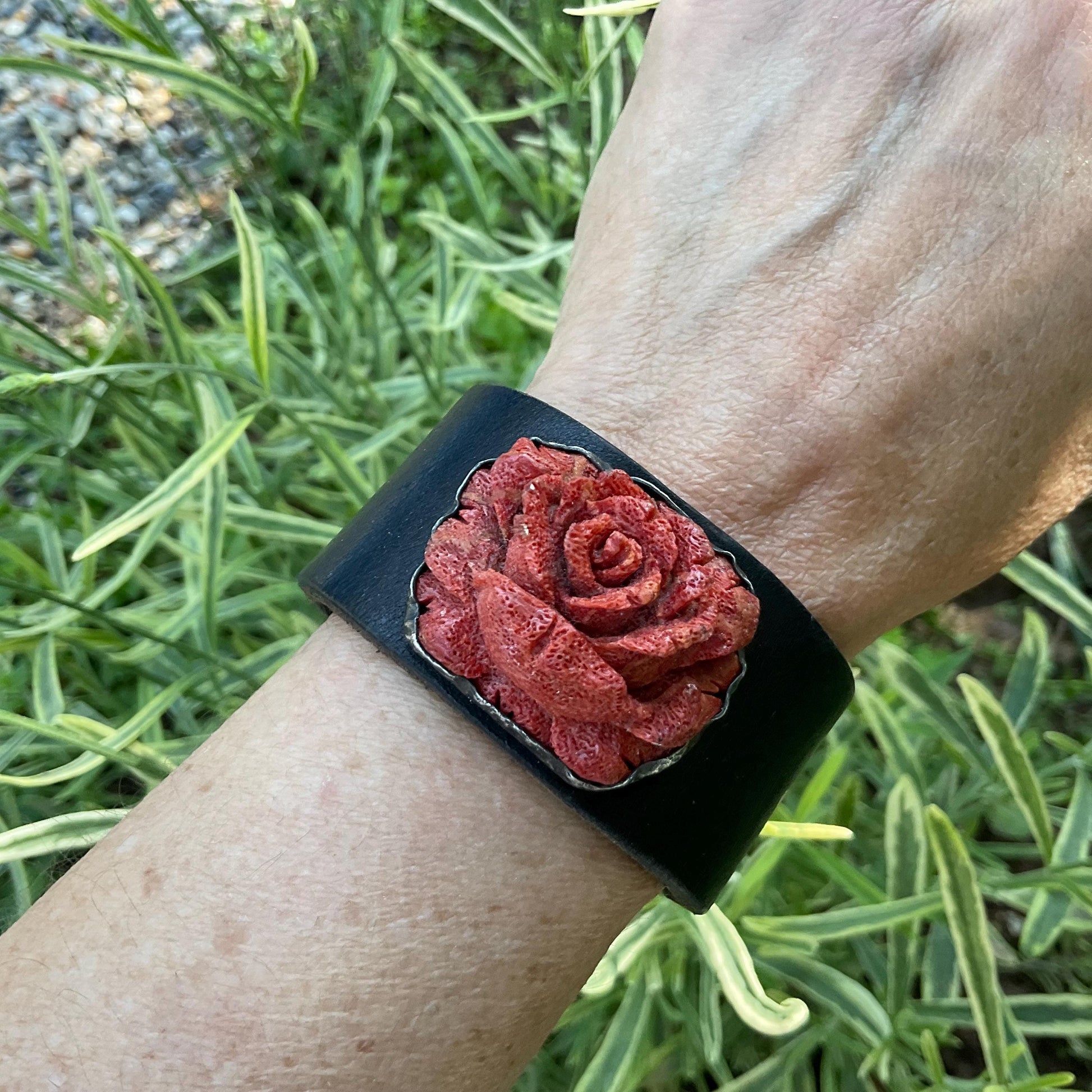 sterling silver red rough carved coral rose leather bracelet Colors Of Etnika