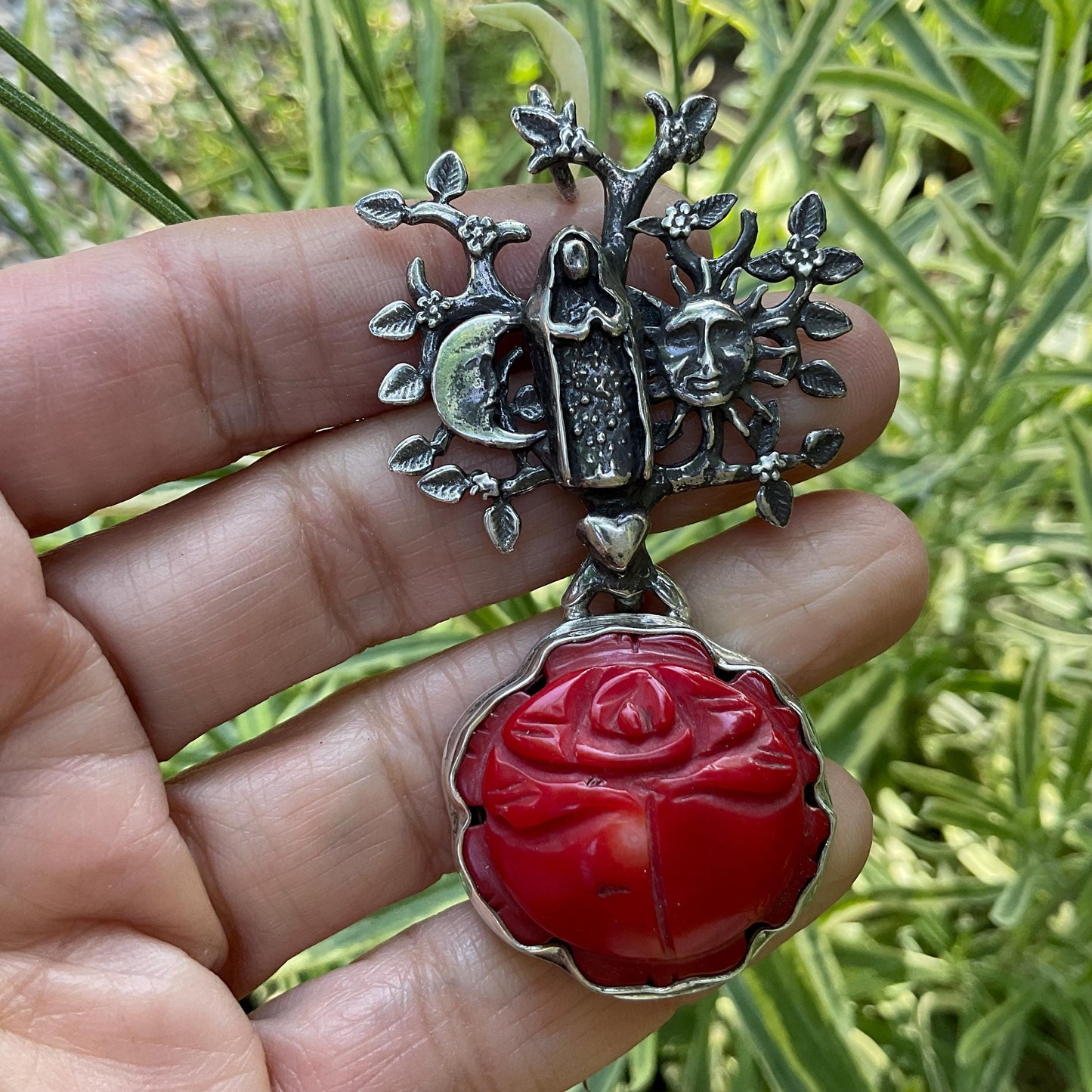 Sterling Silver Madonna Guadalupe rose coral pendant Colors Of Etnika