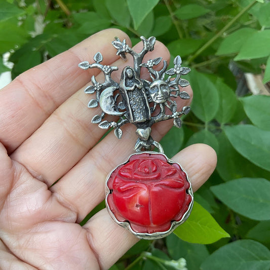 Sterling Silver Madonna Guadalupe rose coral pendant