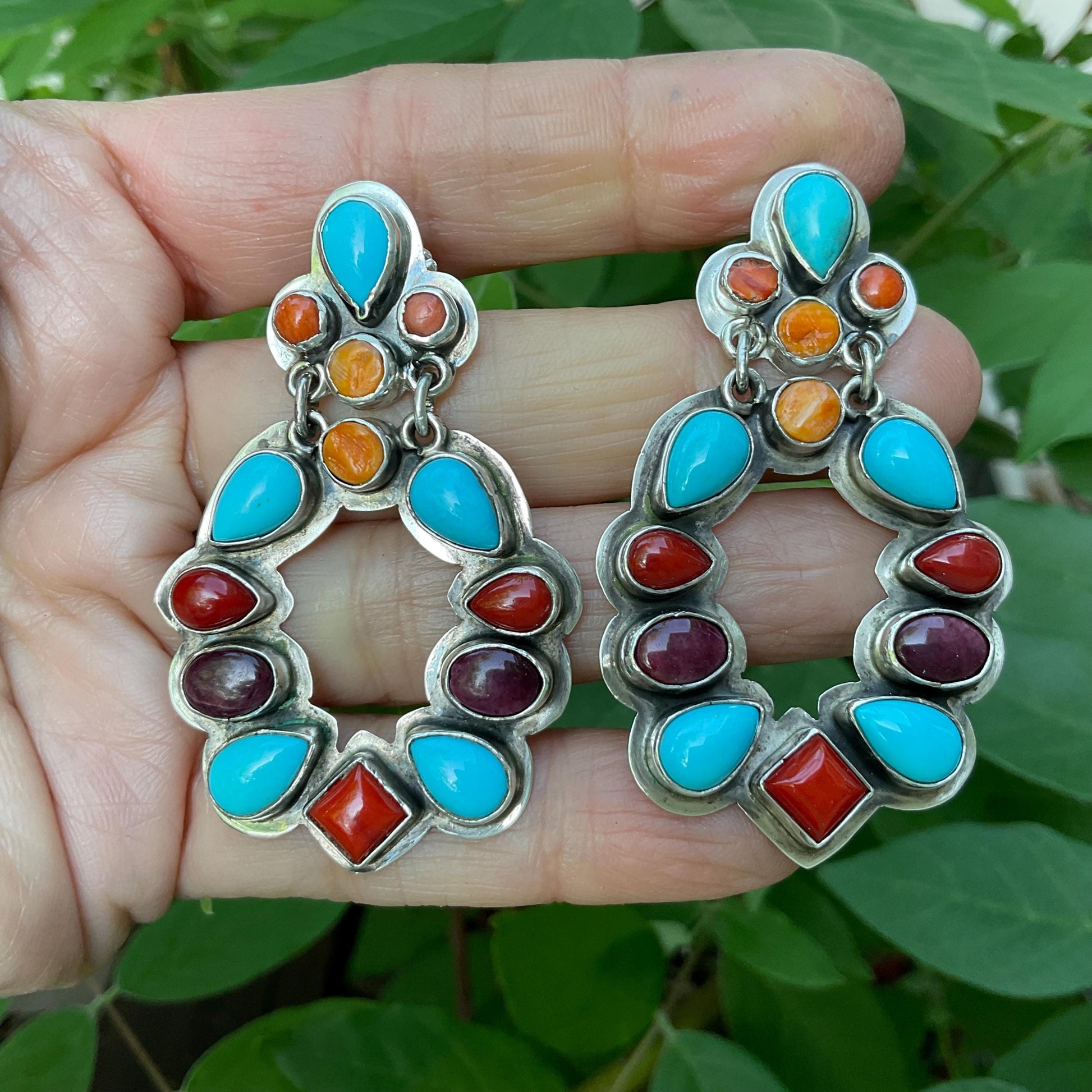 Sterling Silver coral Spiny oyster turquoise dangle earrings Colors Of Etnika