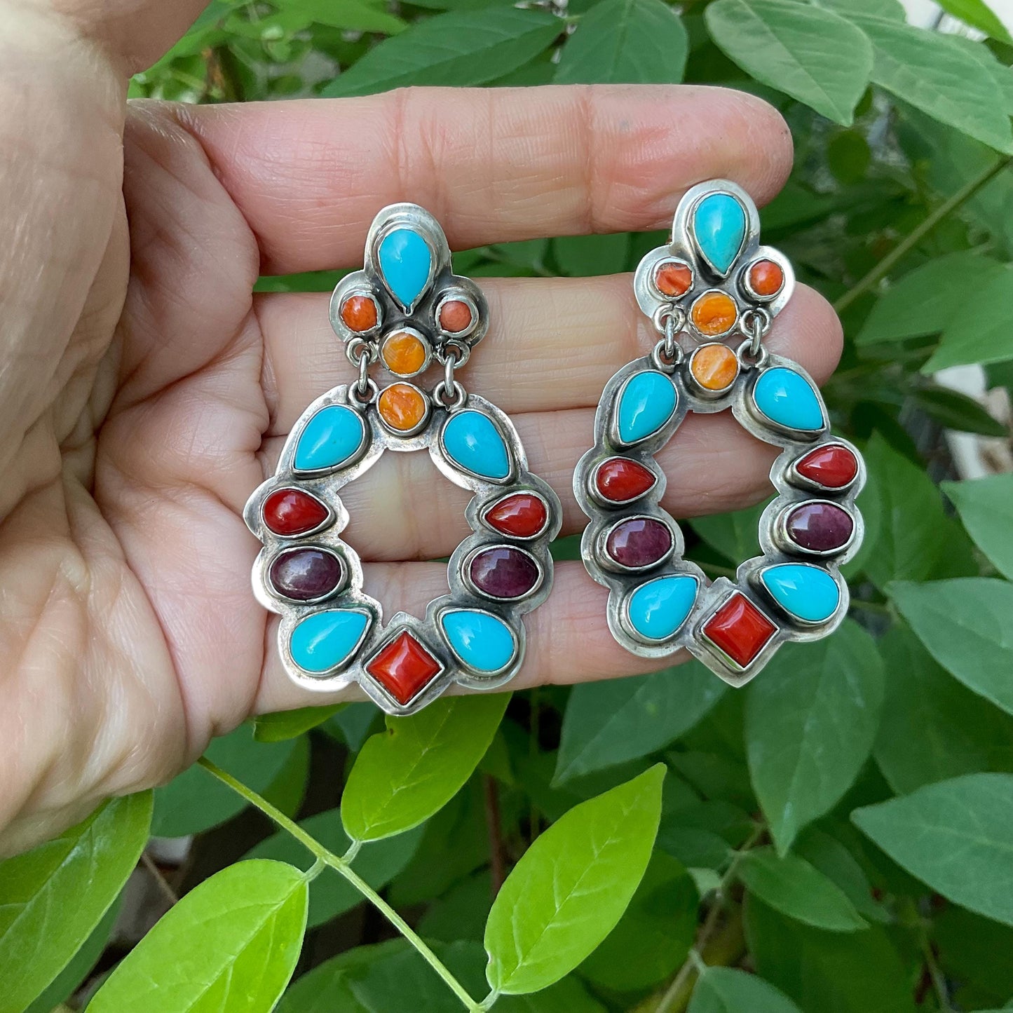 Sterling Silver coral Spiny oyster turquoise dangle earrings Colors Of Etnika