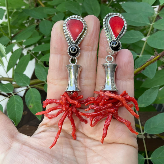 Sterling Silver etnika statement coral long earrings