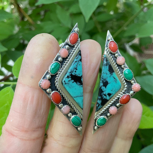 Sterling Silver coral modern turquoise post earrings