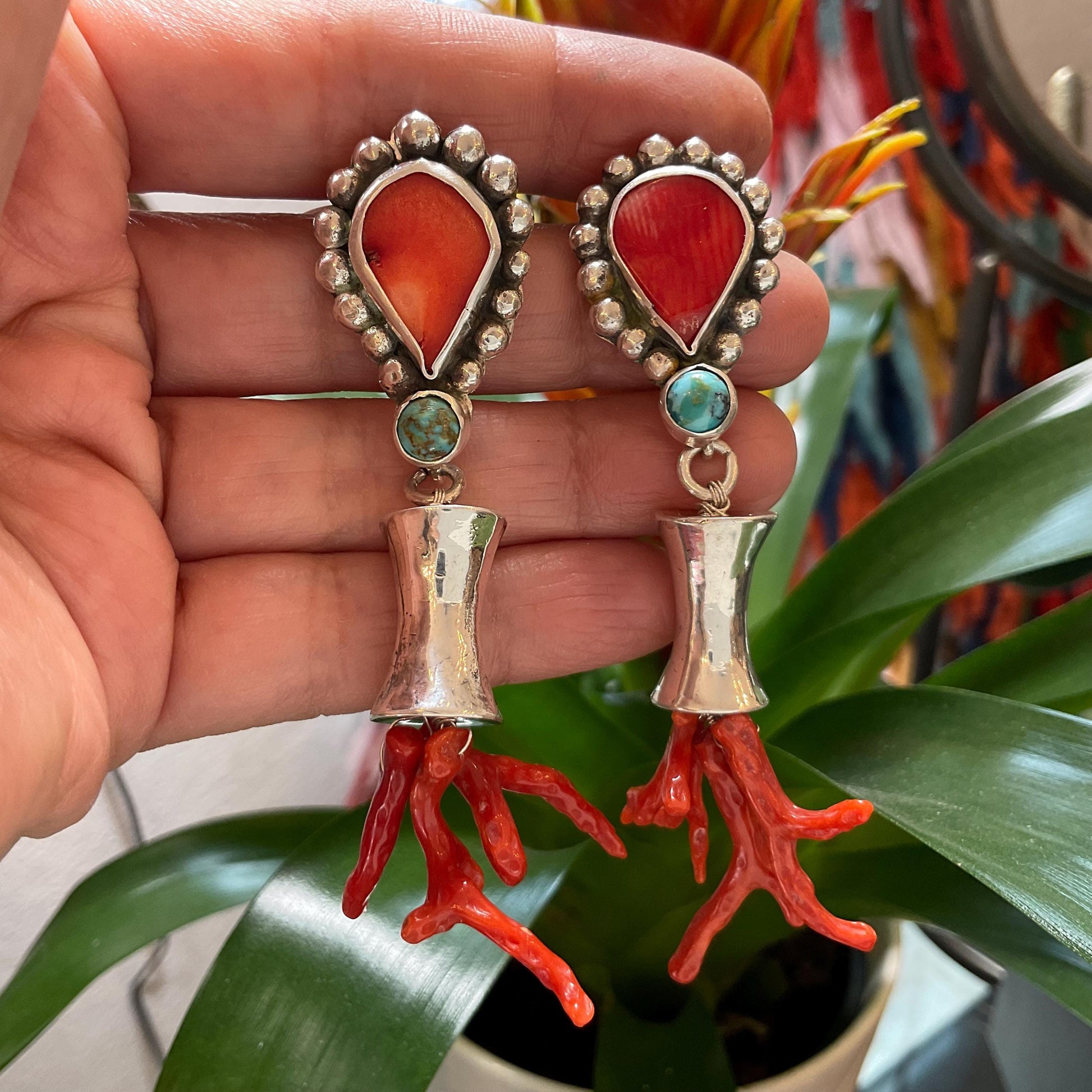 Sterling Silver etnika statement coral turquoise long earrings Colors Of Etnika