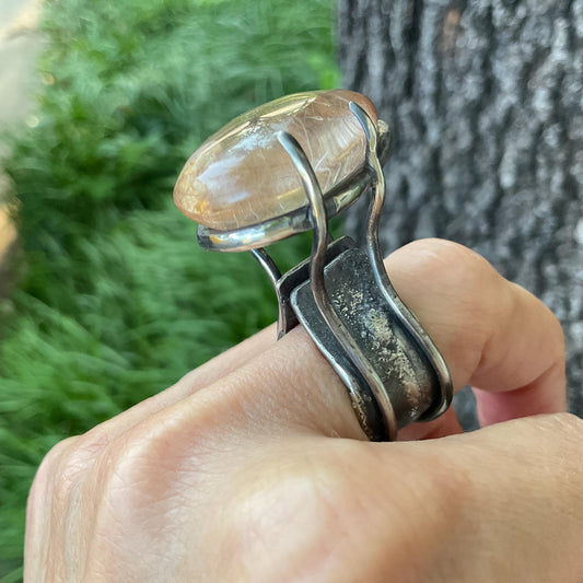 Sterling Statement rutile quartz modernist Art ring 7-8