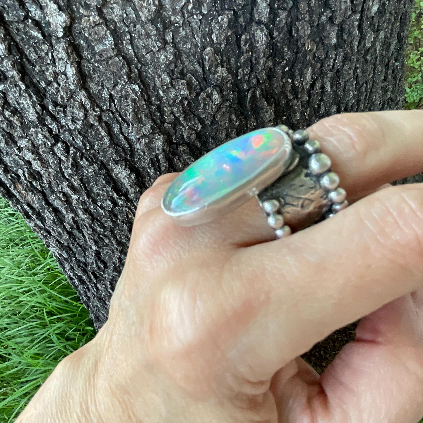 sterling silver Natural rainbow Opal brutalist ring cuff 7-9