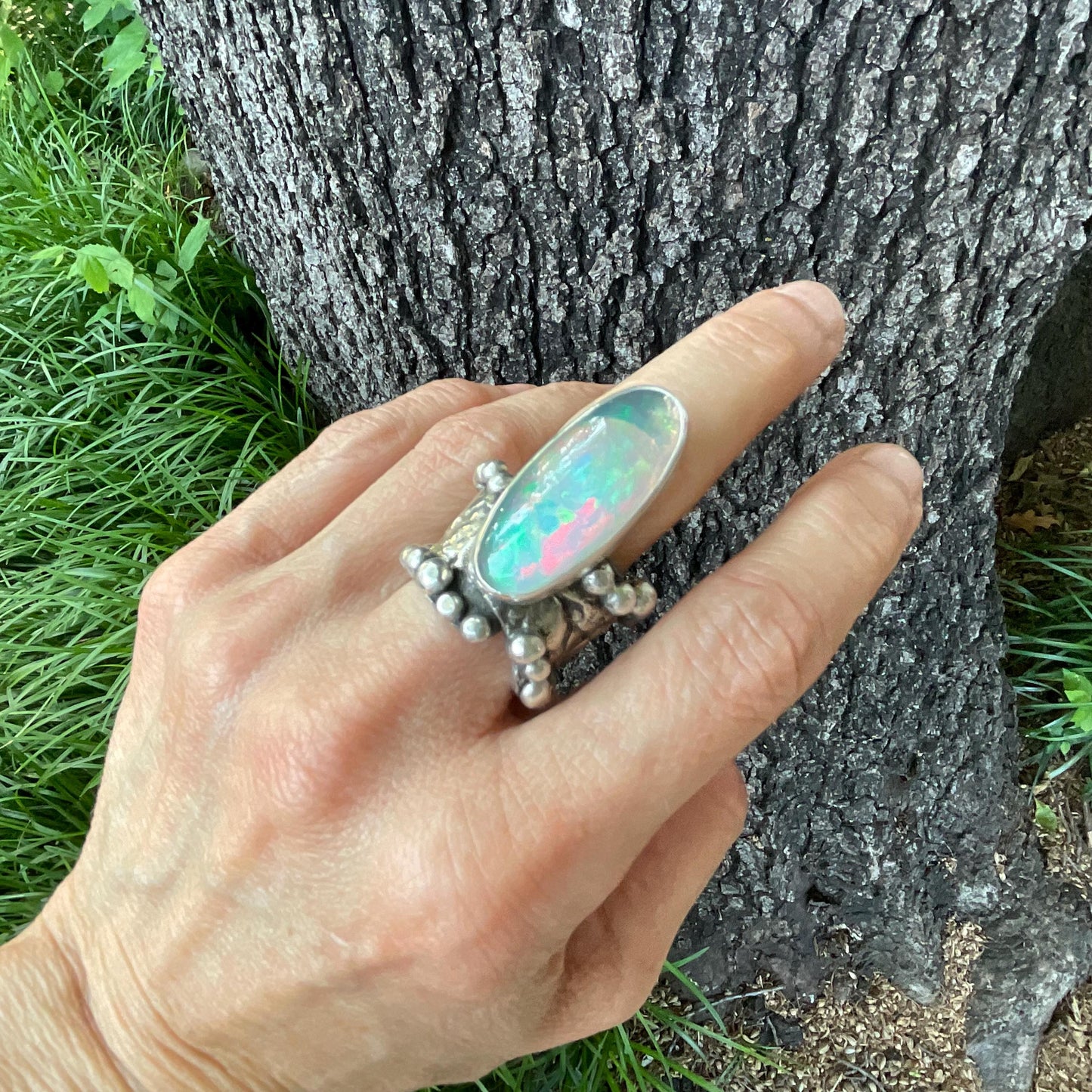 sterling silver Natural rainbow Opal brutalist ring cuff 7-9