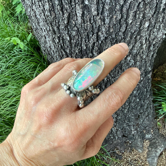 sterling silver Natural rainbow Opal brutalist ring cuff 7-9