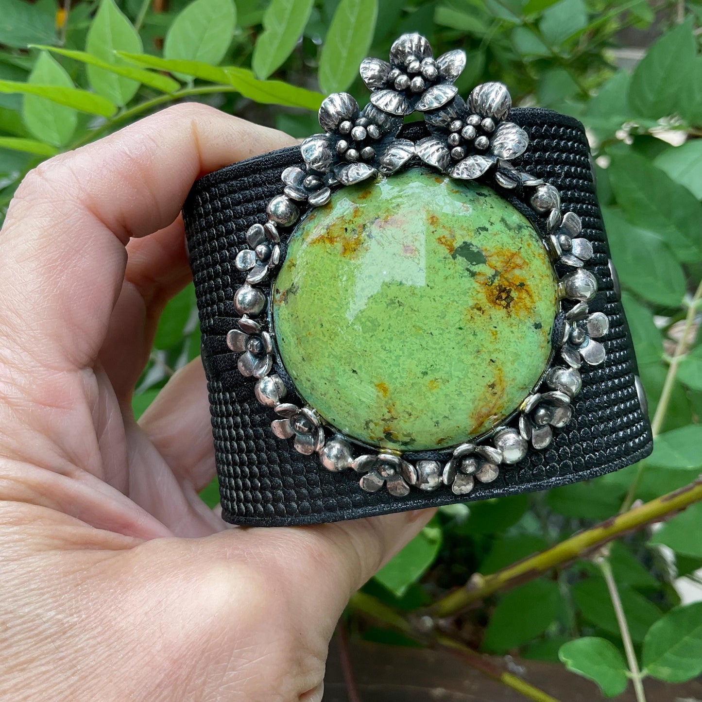 sterling silver turquoise upcycle leather bracelet cuff Colors Of Etnika