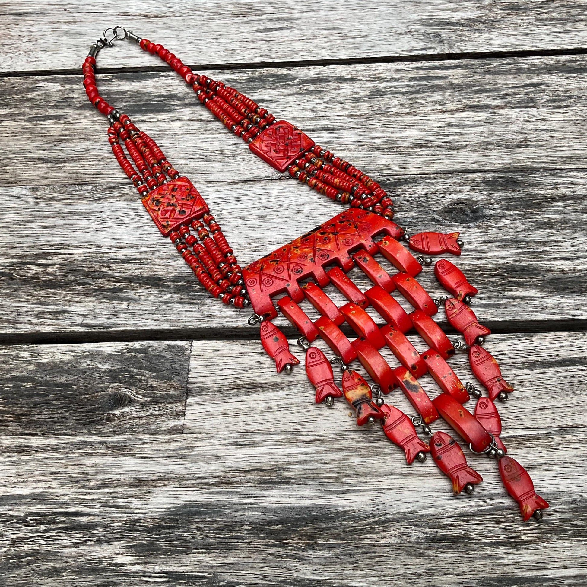 Red bamboo coral bib statement necklace Colors Of Etnika