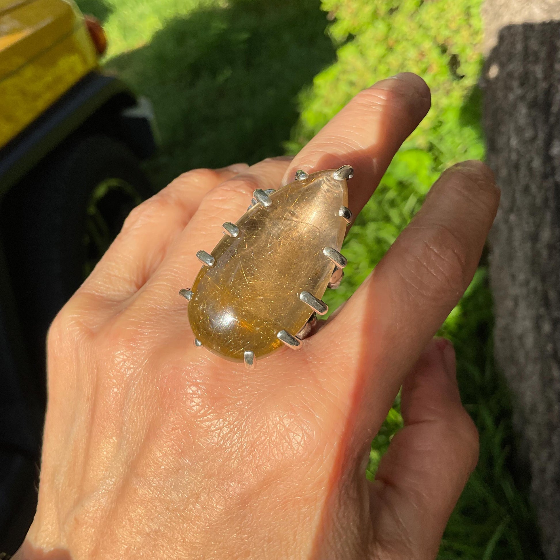 Sterling Statement rutile quartz brutalist Art ring 7-9 Colors Of Etnika