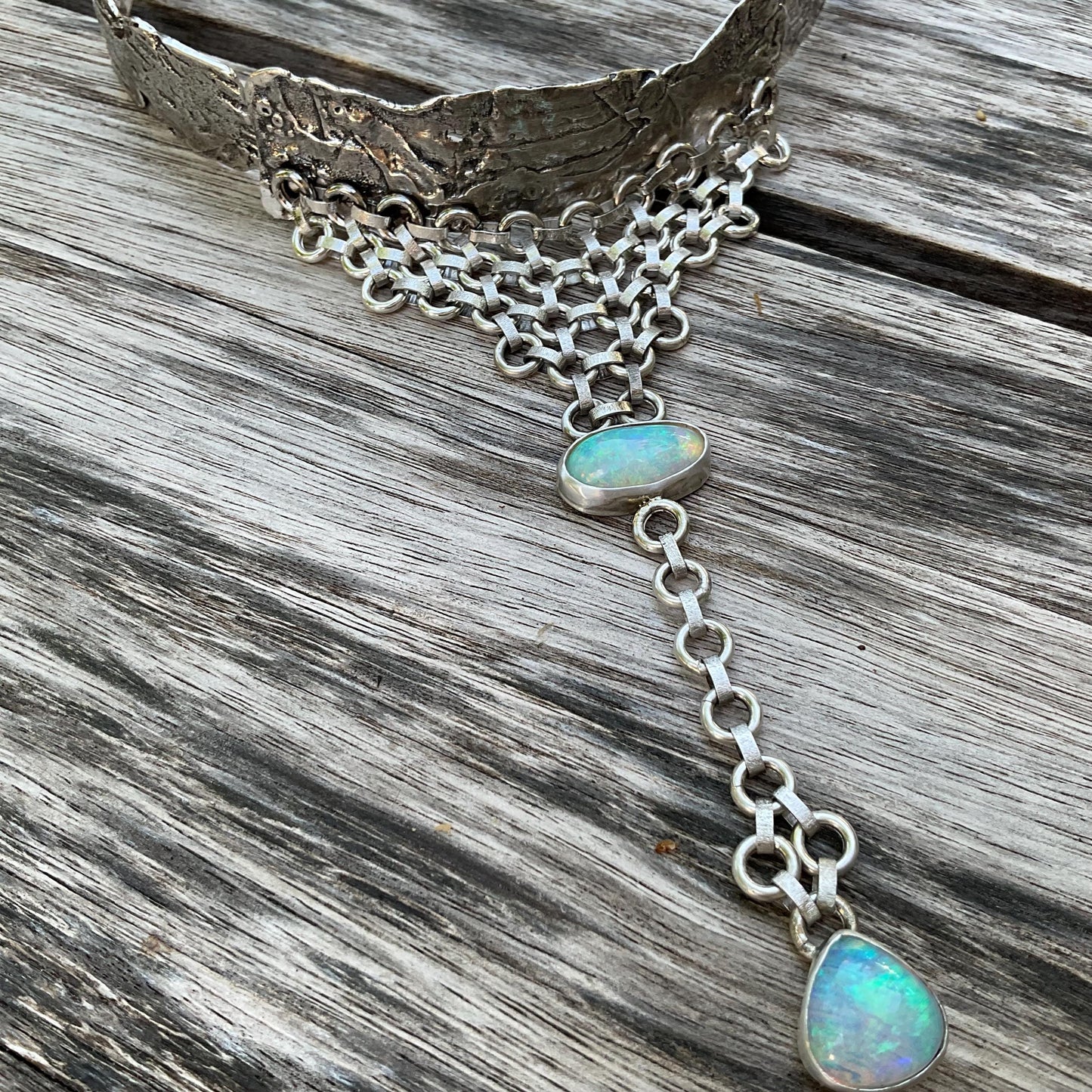 Sterling silver natural opals brutalist choker necklace Colors Of Etnika