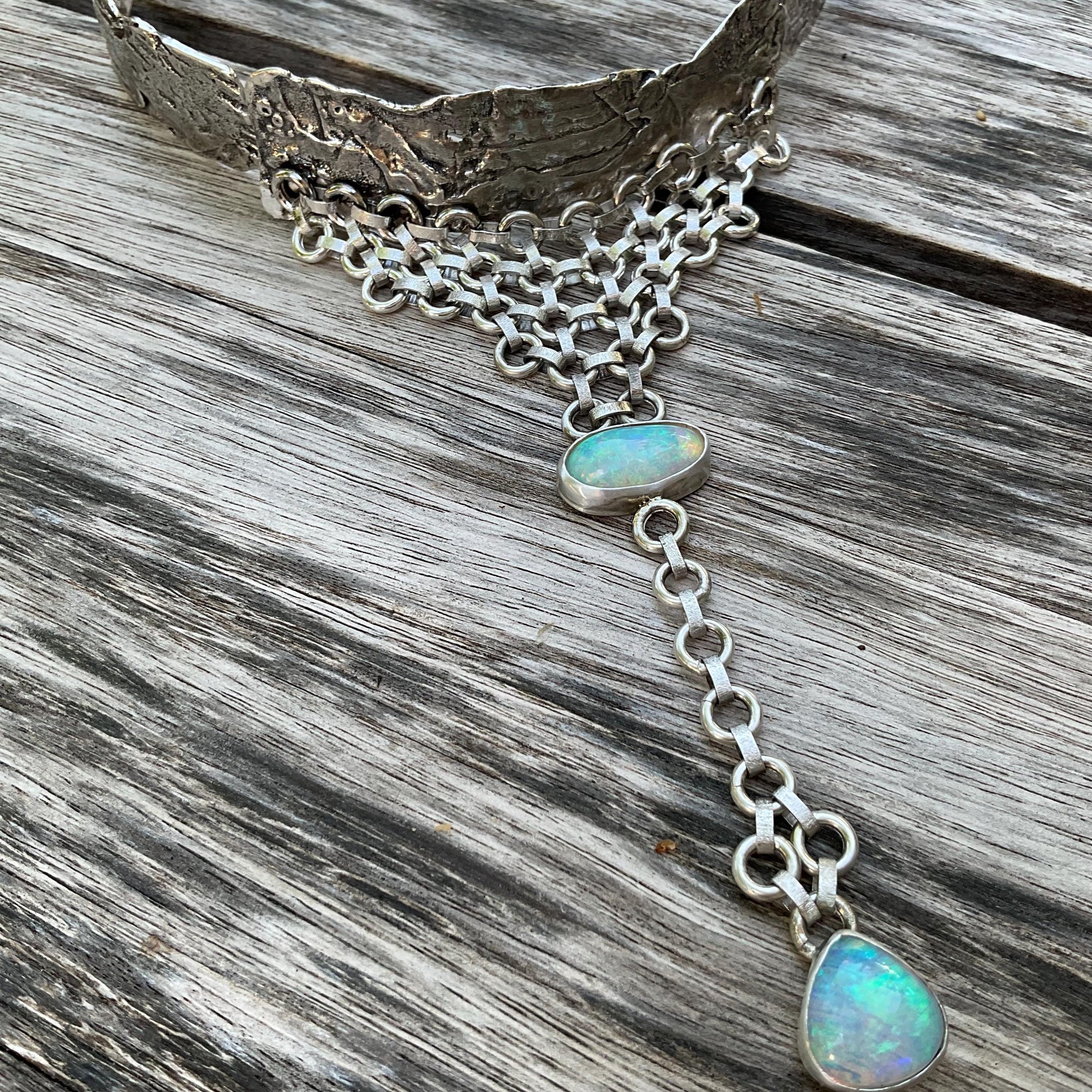 Sterling silver natural opals brutalist choker necklace Colors Of Etnika
