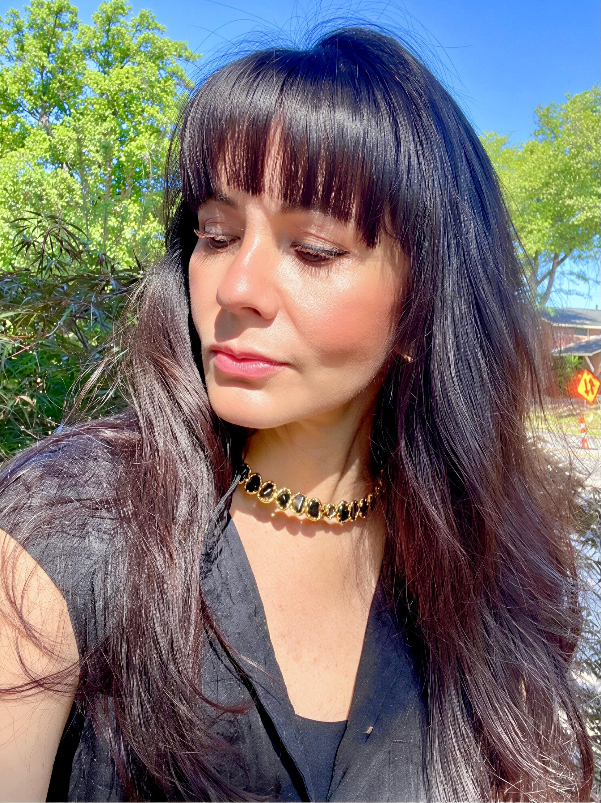 Sterling silver gold plated black jasper collar choker necklace Colors Of Etnika