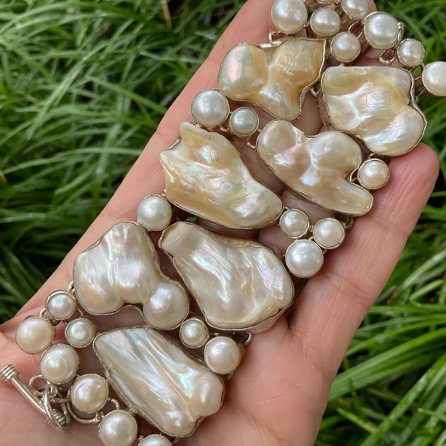 sterling silver statement natural pearl cluster bracelet Colors Of Etnika