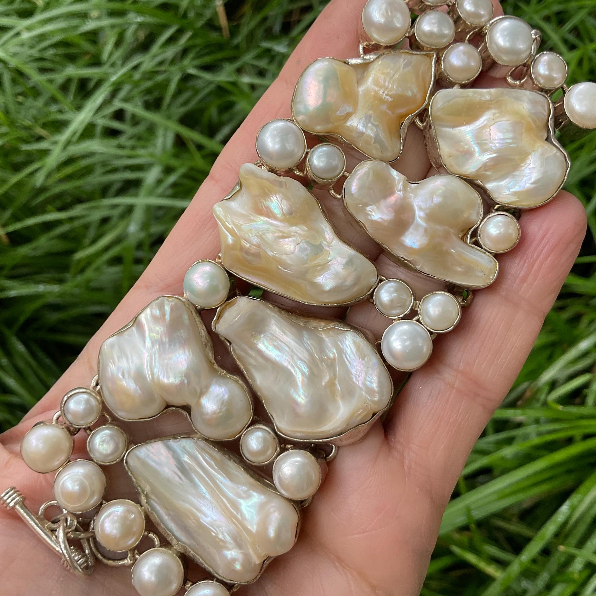 sterling silver statement natural pearl cluster bracelet Colors Of Etnika