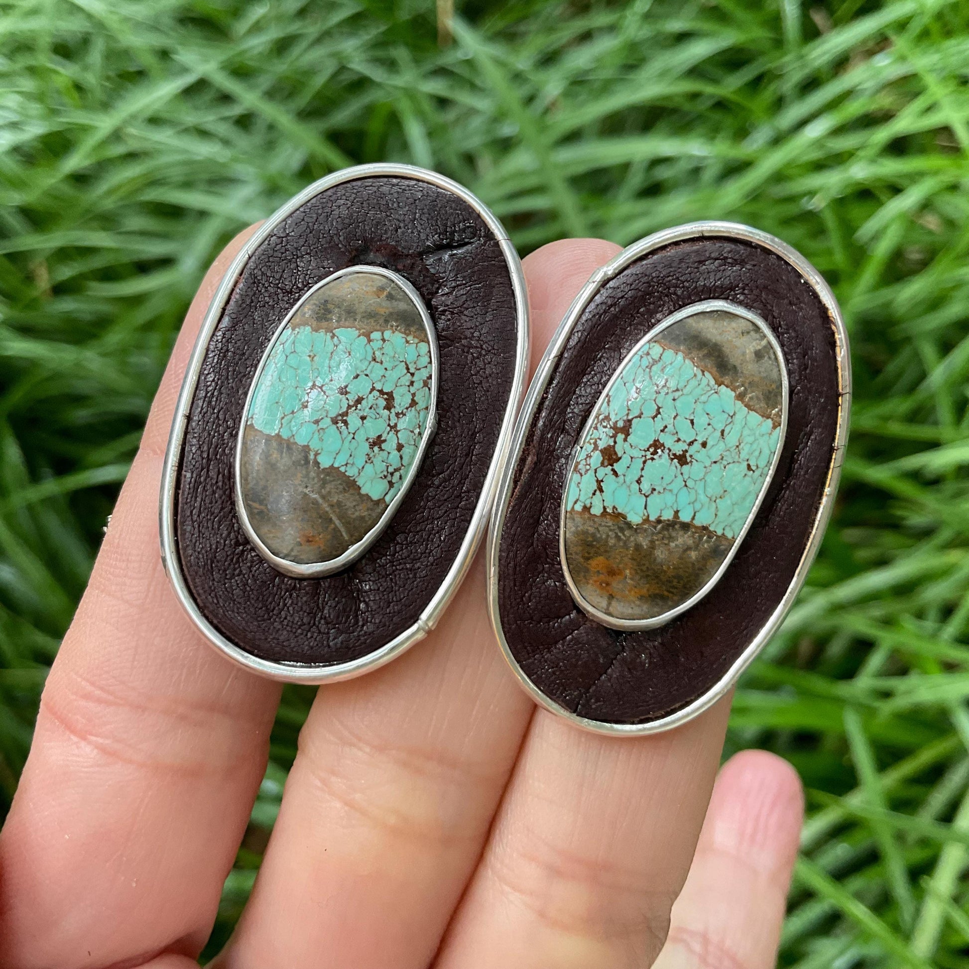 sterling silver asymmetrical leather oval turquoise Earrings Colors Of Etnika