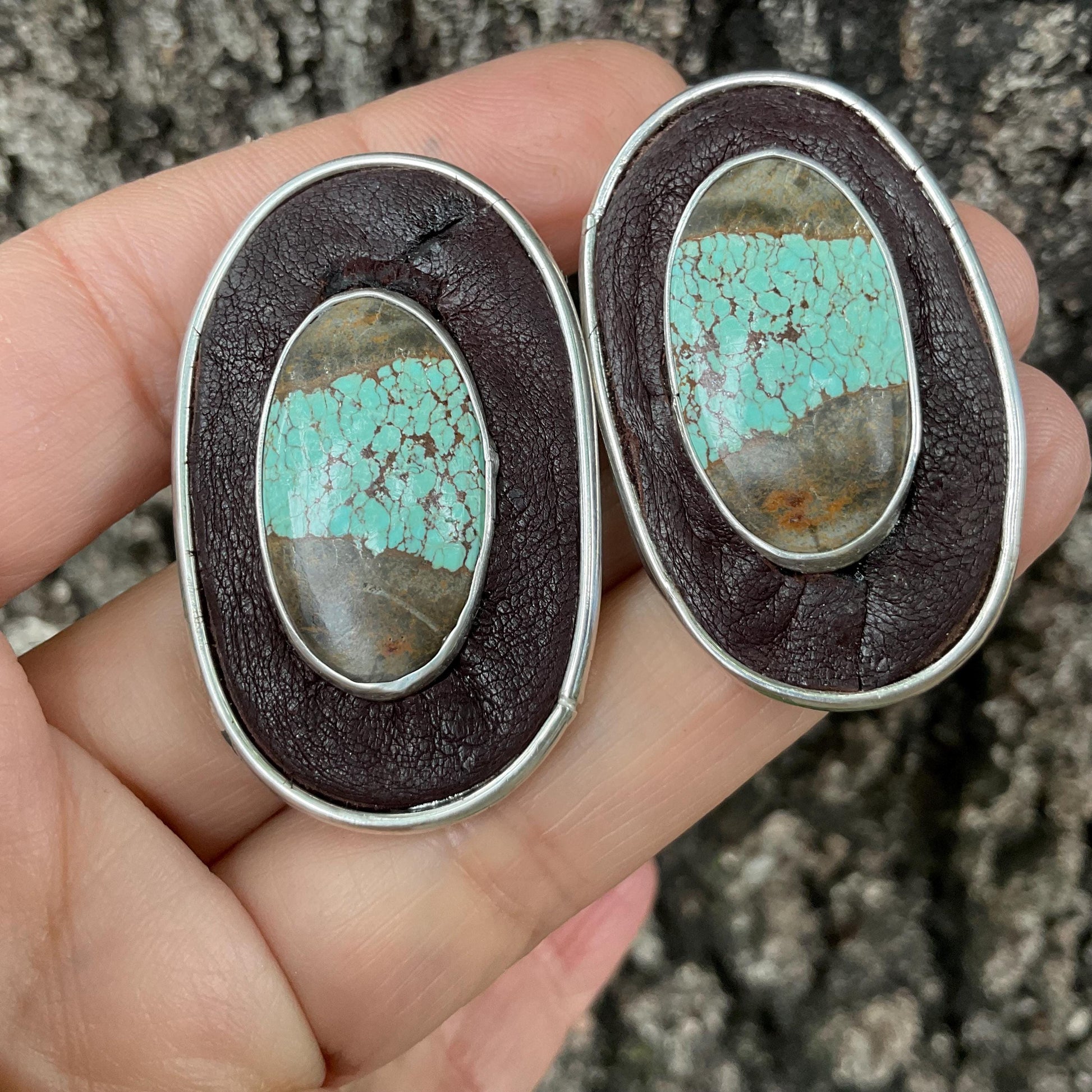 sterling silver asymmetrical leather oval turquoise Earrings Colors Of Etnika