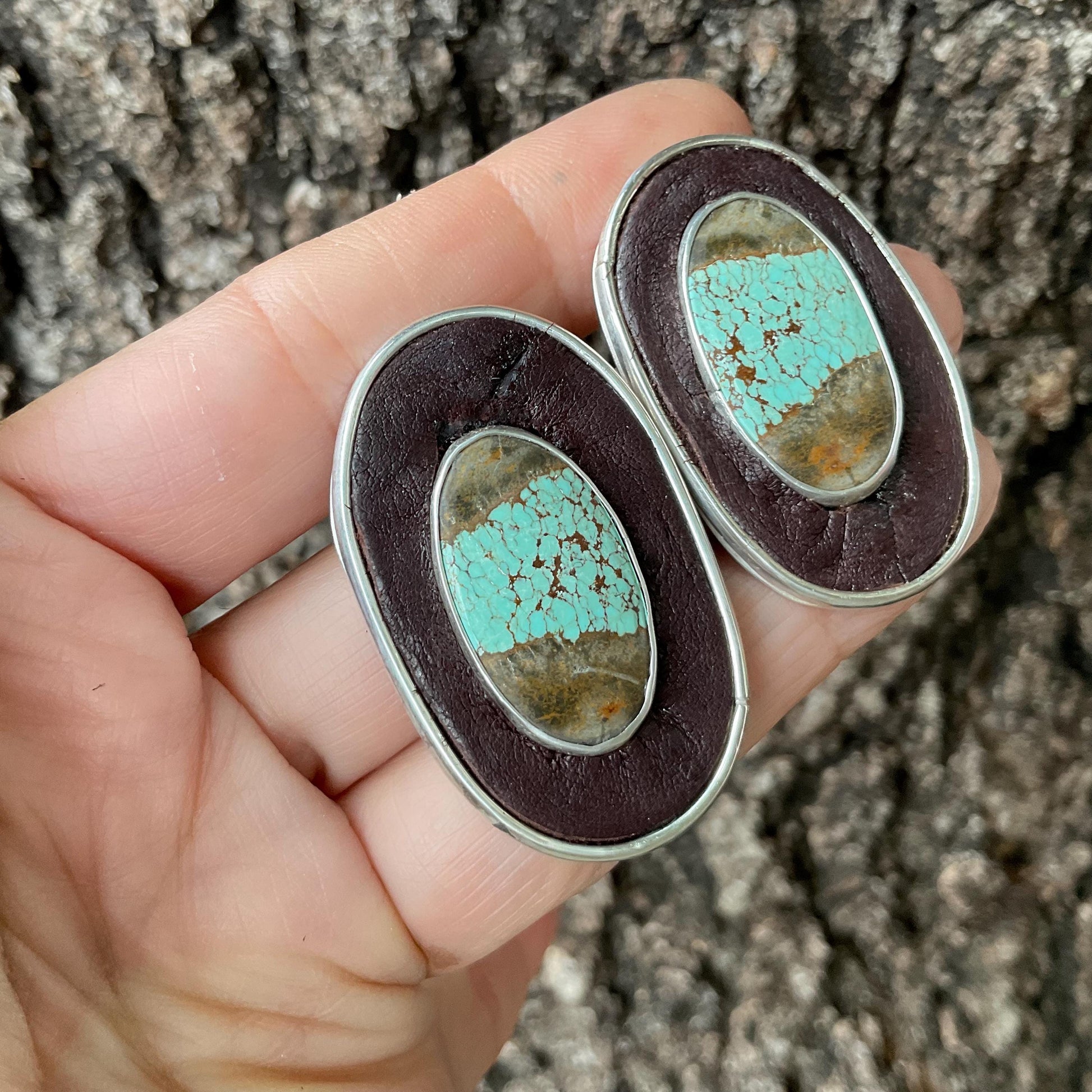 sterling silver asymmetrical leather oval turquoise Earrings Colors Of Etnika
