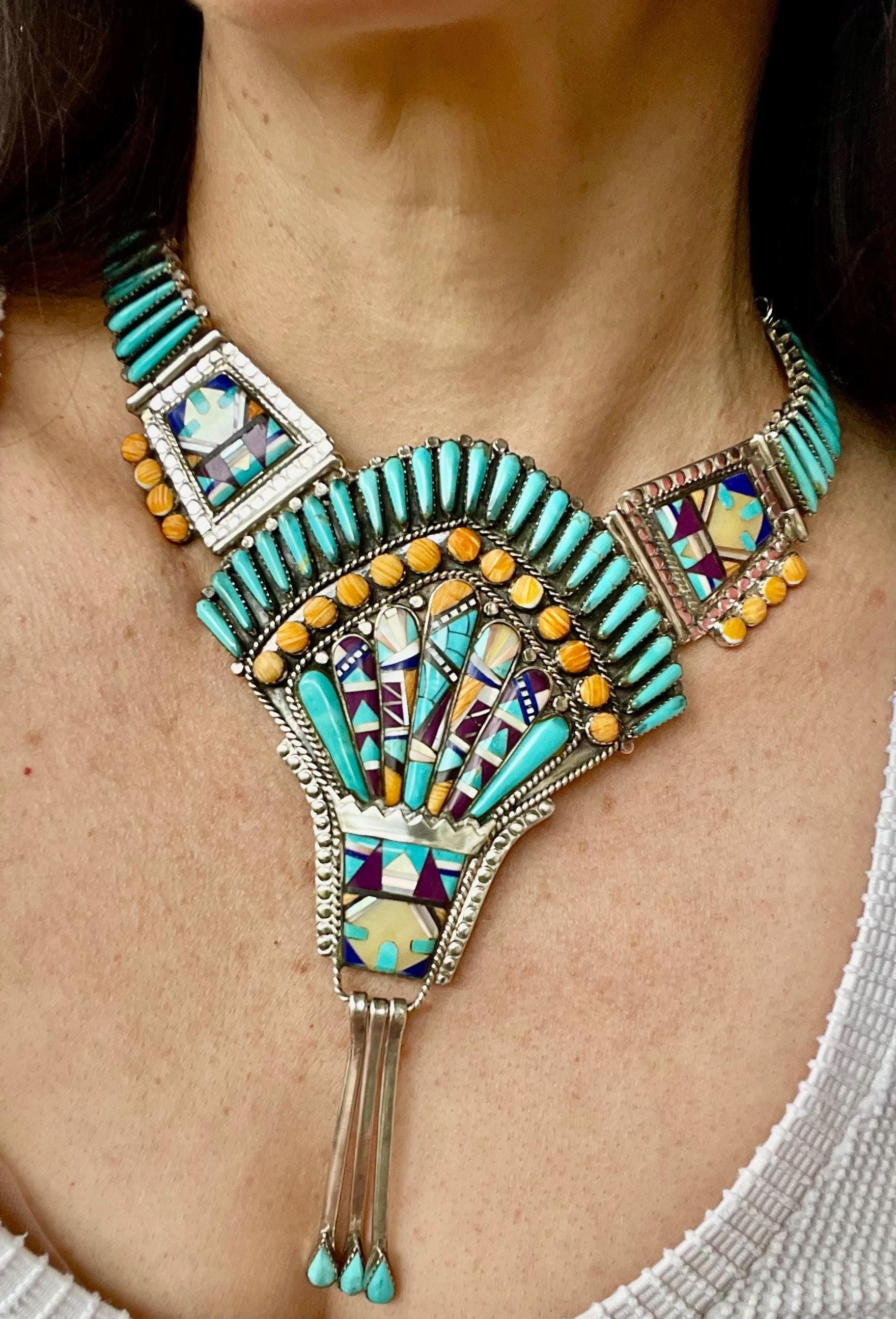 Sterling silver turquoise inlay necklace southwestern choker Colors Of Etnika
