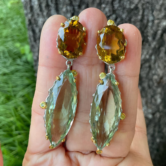 Sterling silver Marquis green amethyst citrine earrings