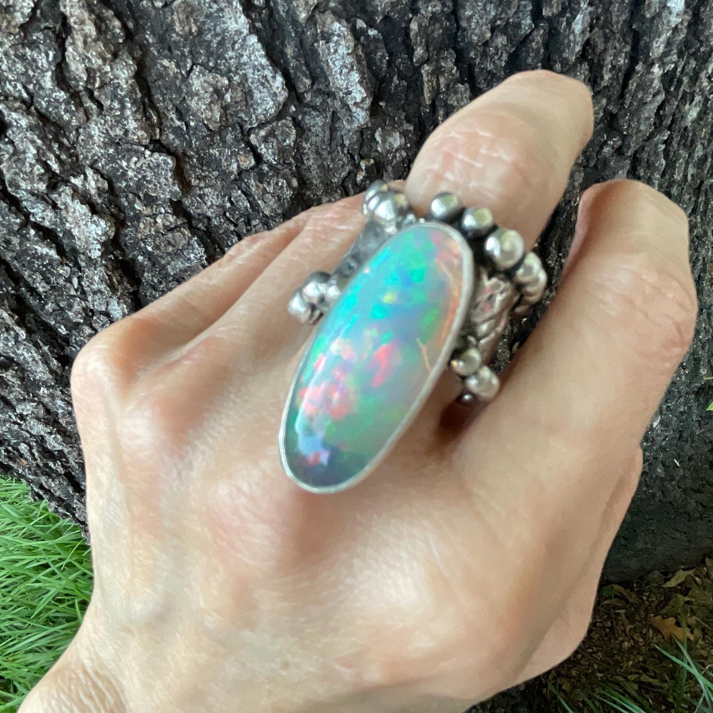 sterling silver Natural rainbow Opal brutalist ring cuff 7-9