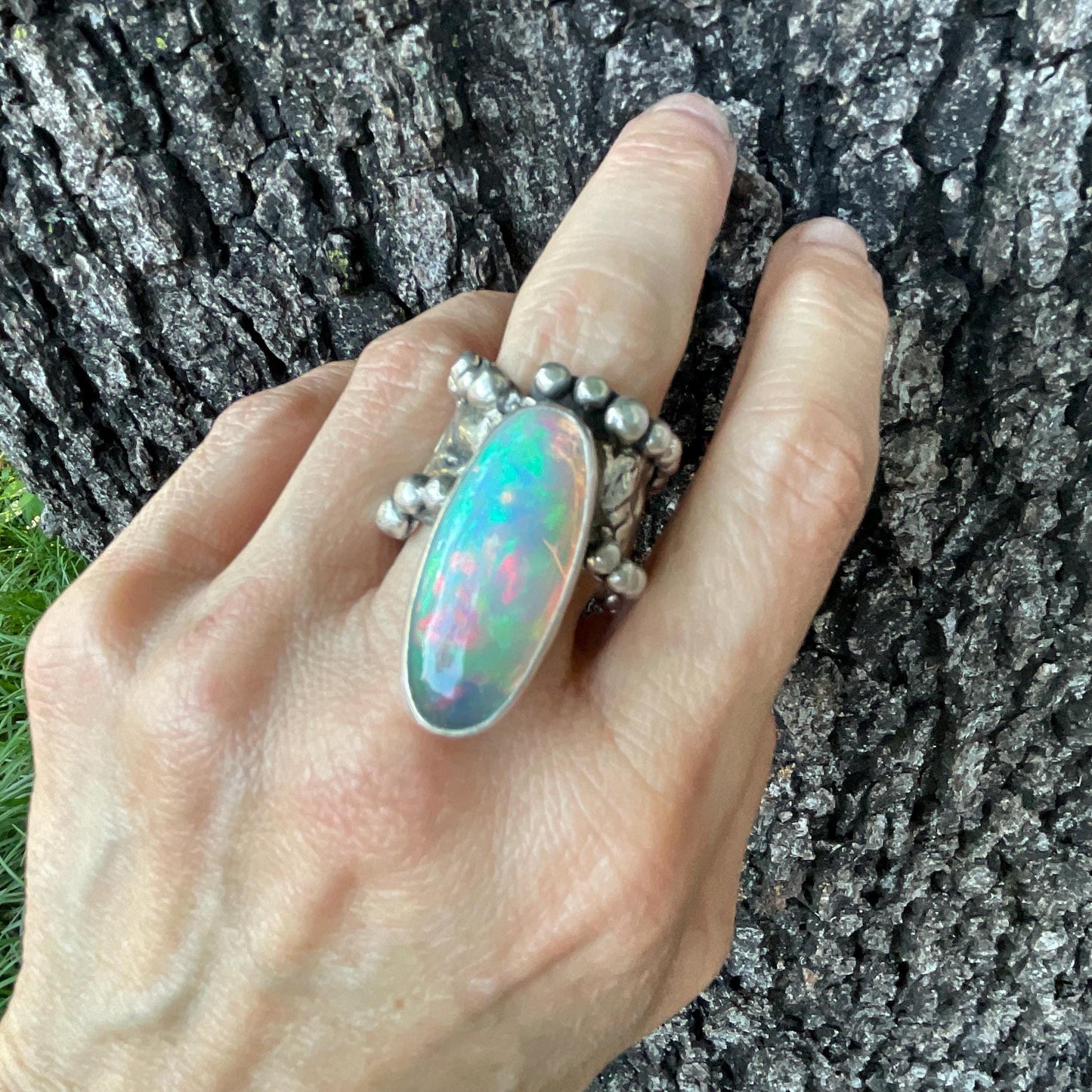 sterling silver Natural rainbow Opal brutalist ring cuff 7-9