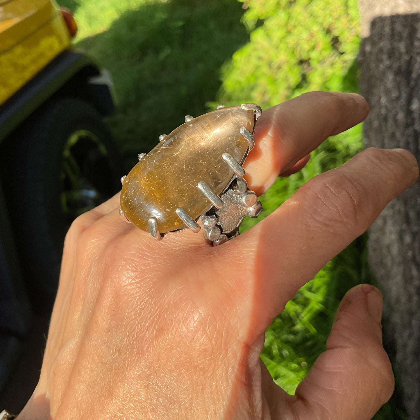 Sterling Statement rutile quartz brutalist Art ring 7-9 Colors Of Etnika