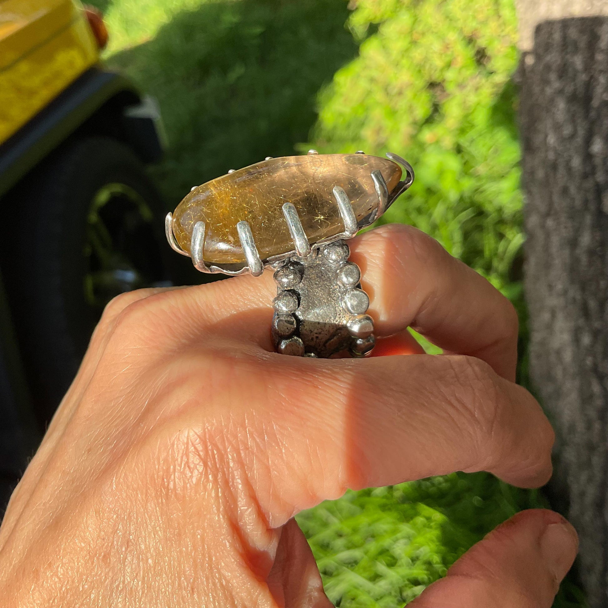 Sterling Statement rutile quartz brutalist Art ring 7-9 Colors Of Etnika