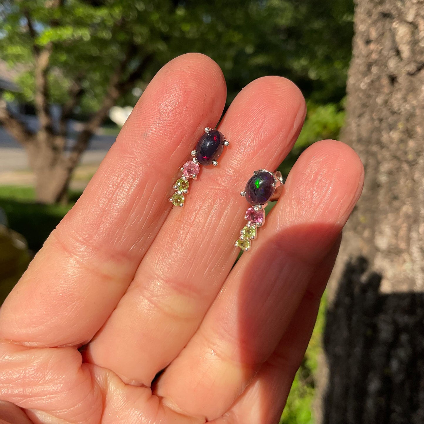 Sterling Silver Natural black opal stud  Earrings Colors Of Etnika