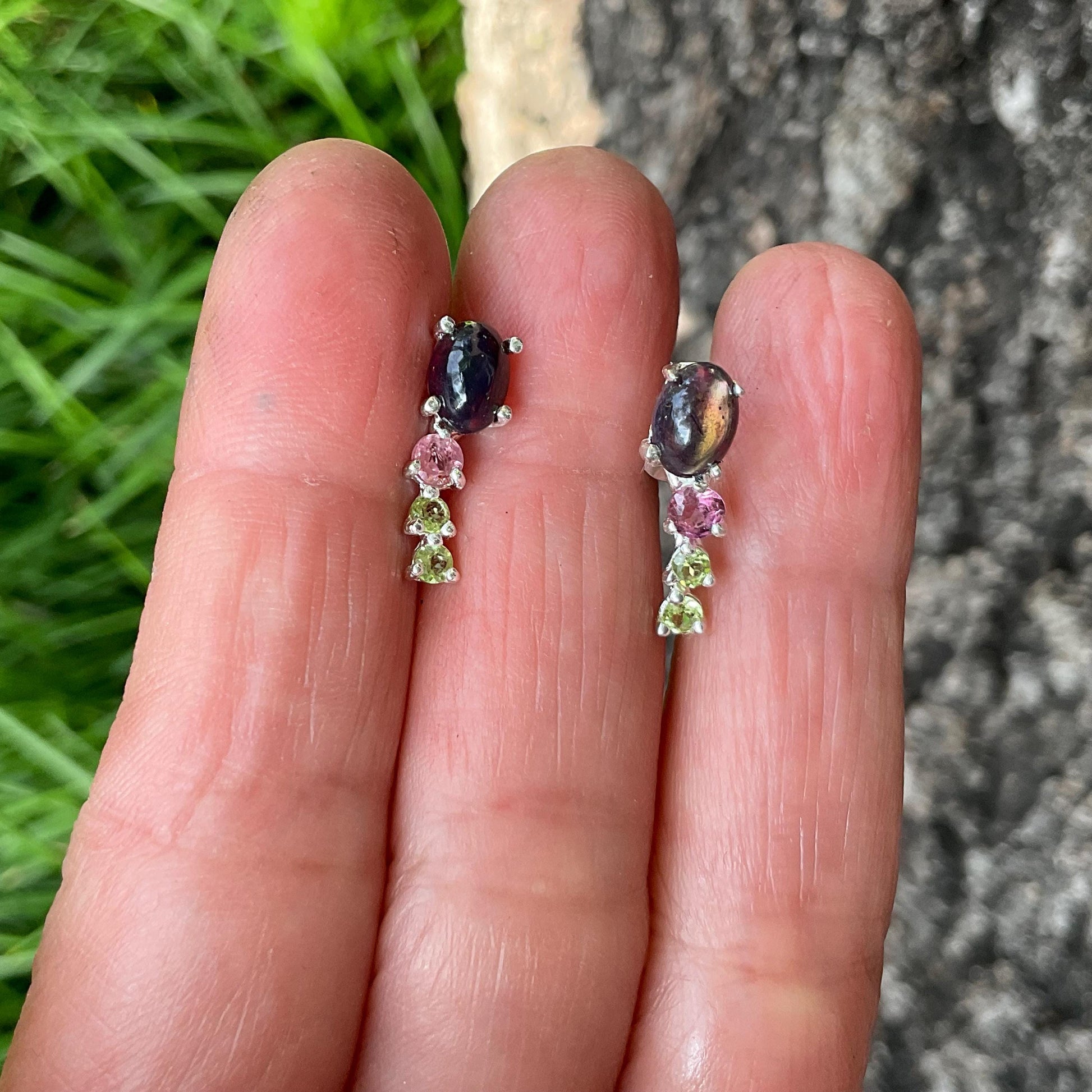 Sterling Silver Natural black opal stud  Earrings Colors Of Etnika