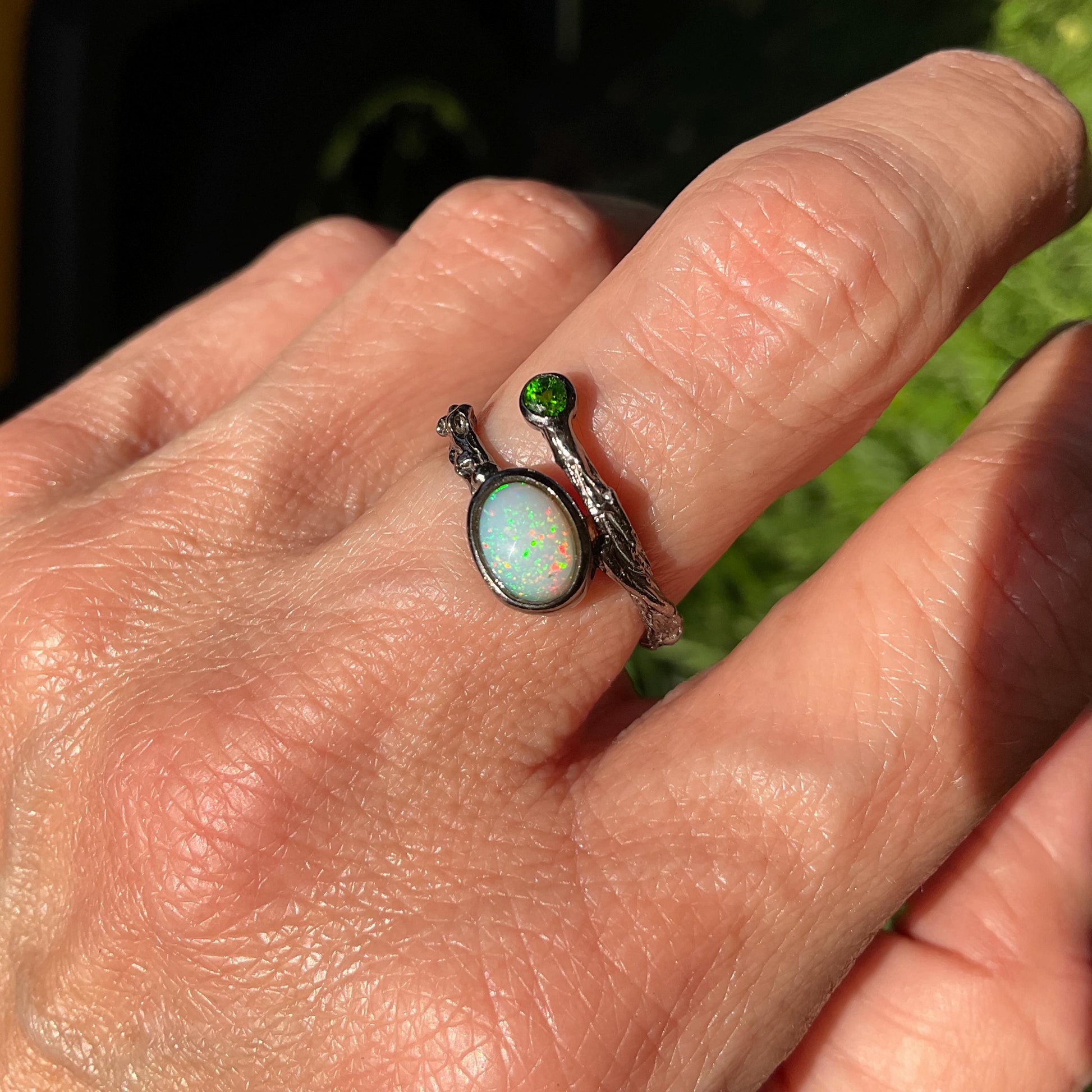 Sterling Silver Natural rainbow opal dainty twig ring 6 Colors Of Etnika