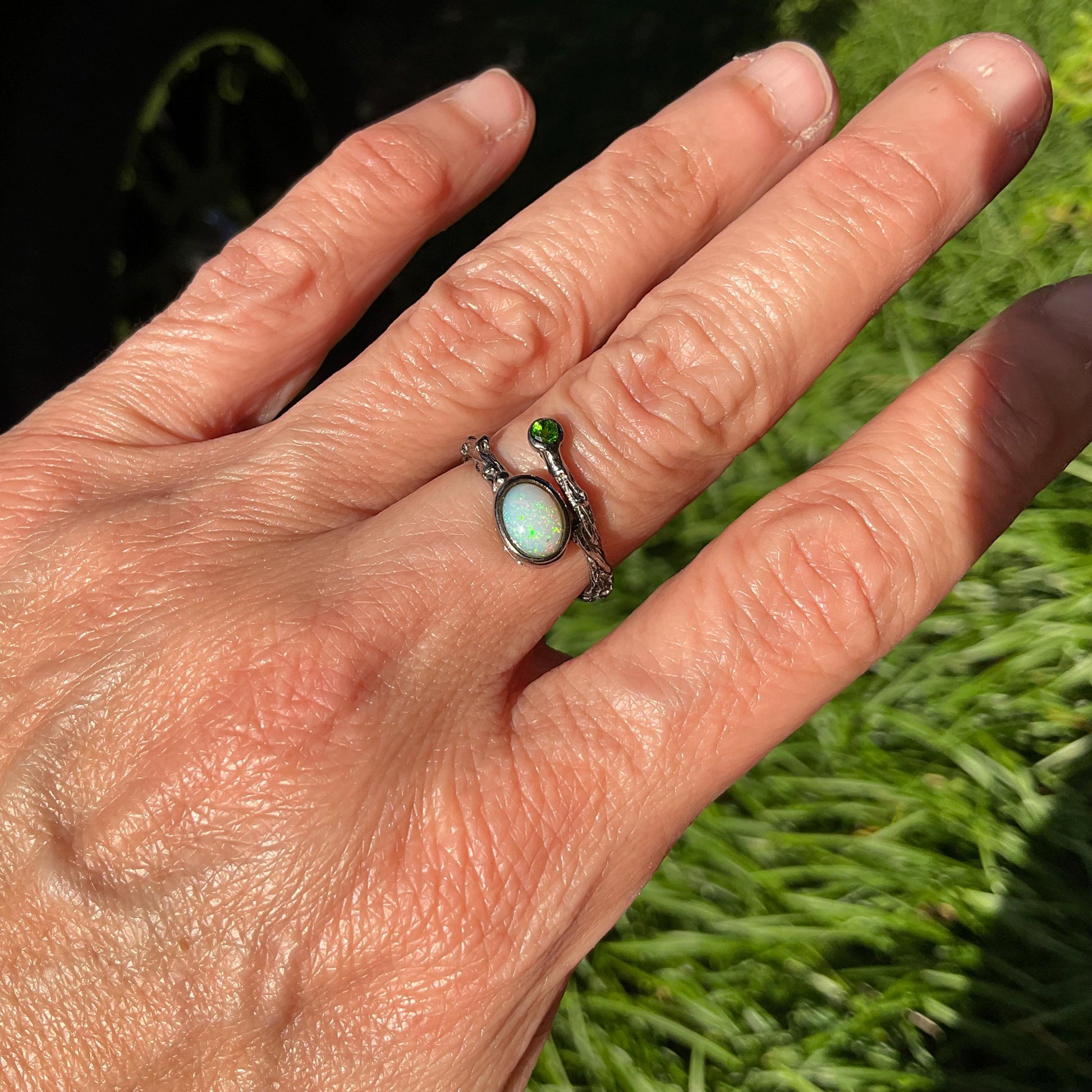 Sterling Silver Natural rainbow opal dainty twig ring 6 Colors Of Etnika