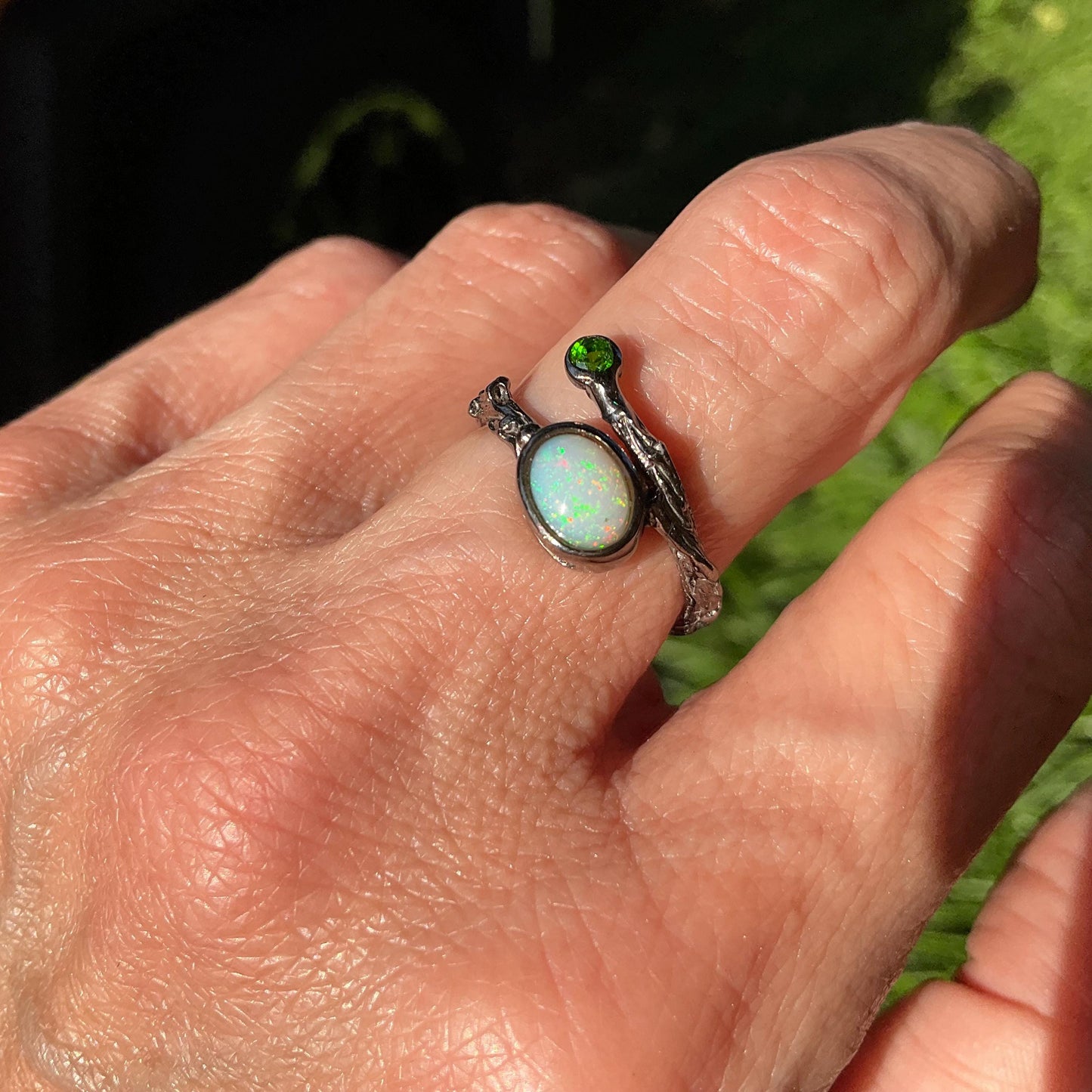 Sterling Silver Natural rainbow opal dainty twig ring 6 Colors Of Etnika
