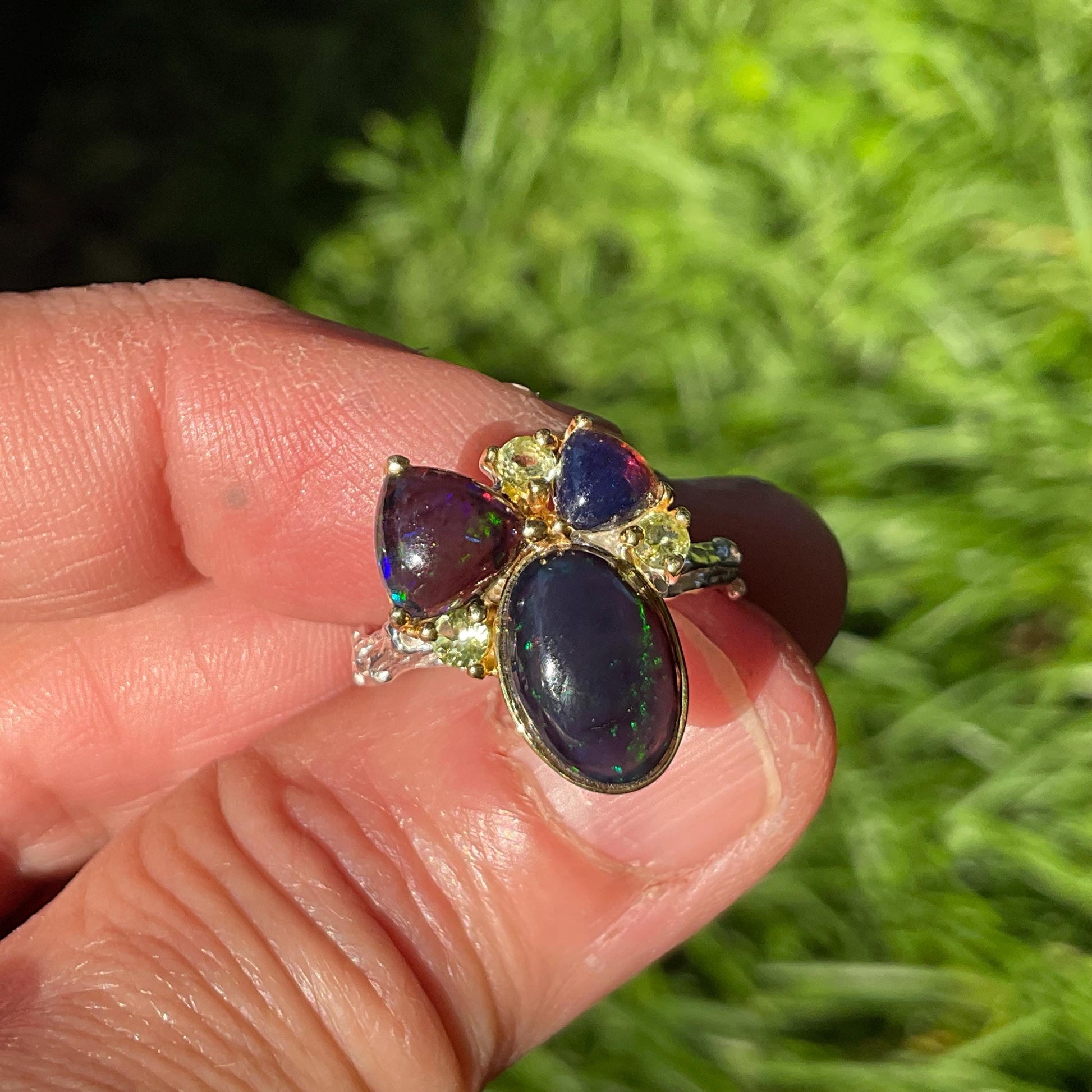 Natural black fire opal peridot Sterling Silver Ring 7 Colors Of Etnika