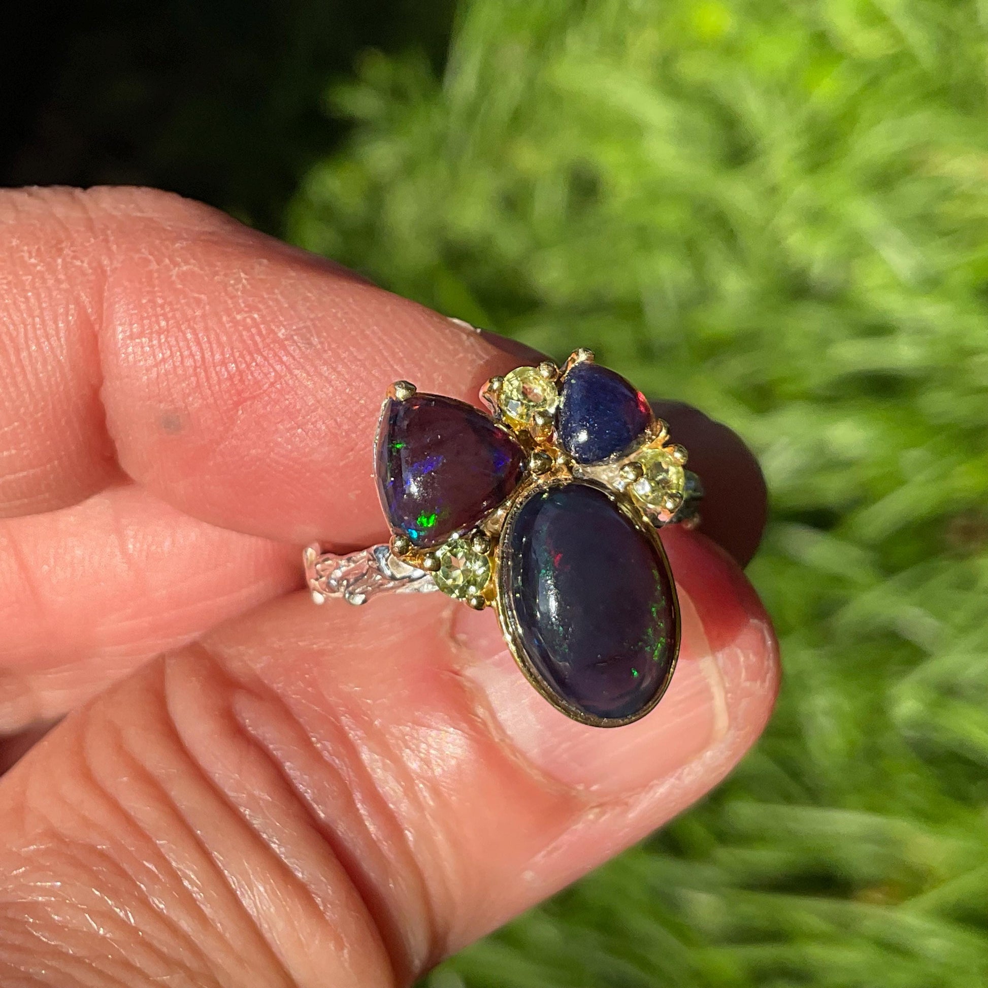 Natural black fire opal peridot Sterling Silver Ring 7 Colors Of Etnika