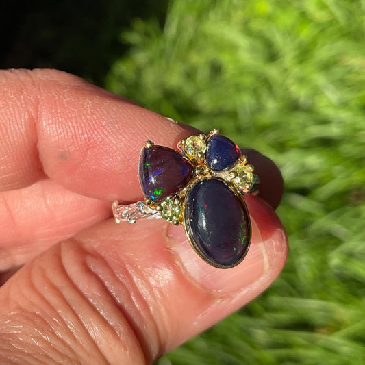 Natural black fire opal peridot Sterling Silver Ring 7 Colors Of Etnika