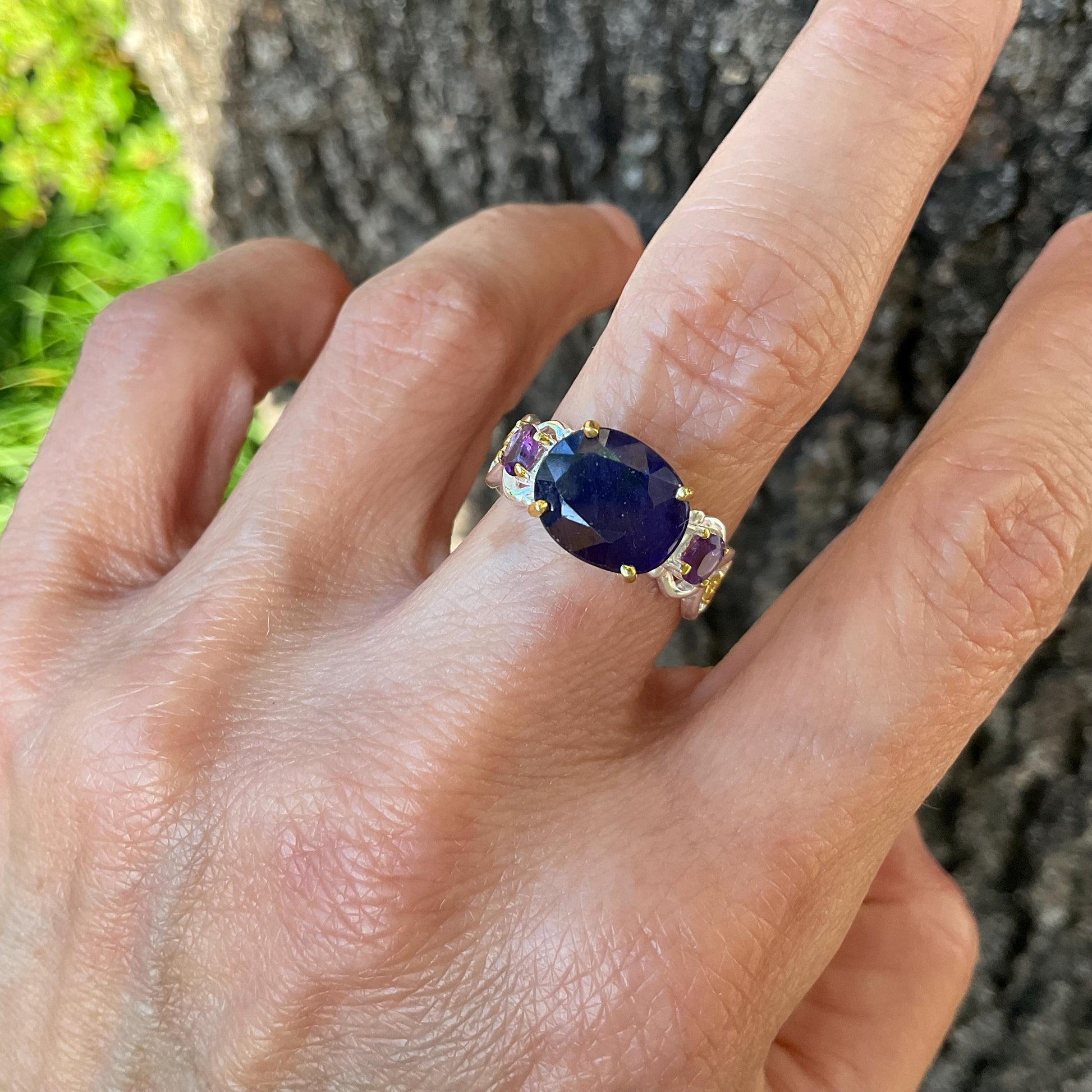 Sterling Silver Natural Blue Sapphire amethyst Ring 7 Colors Of Etnika