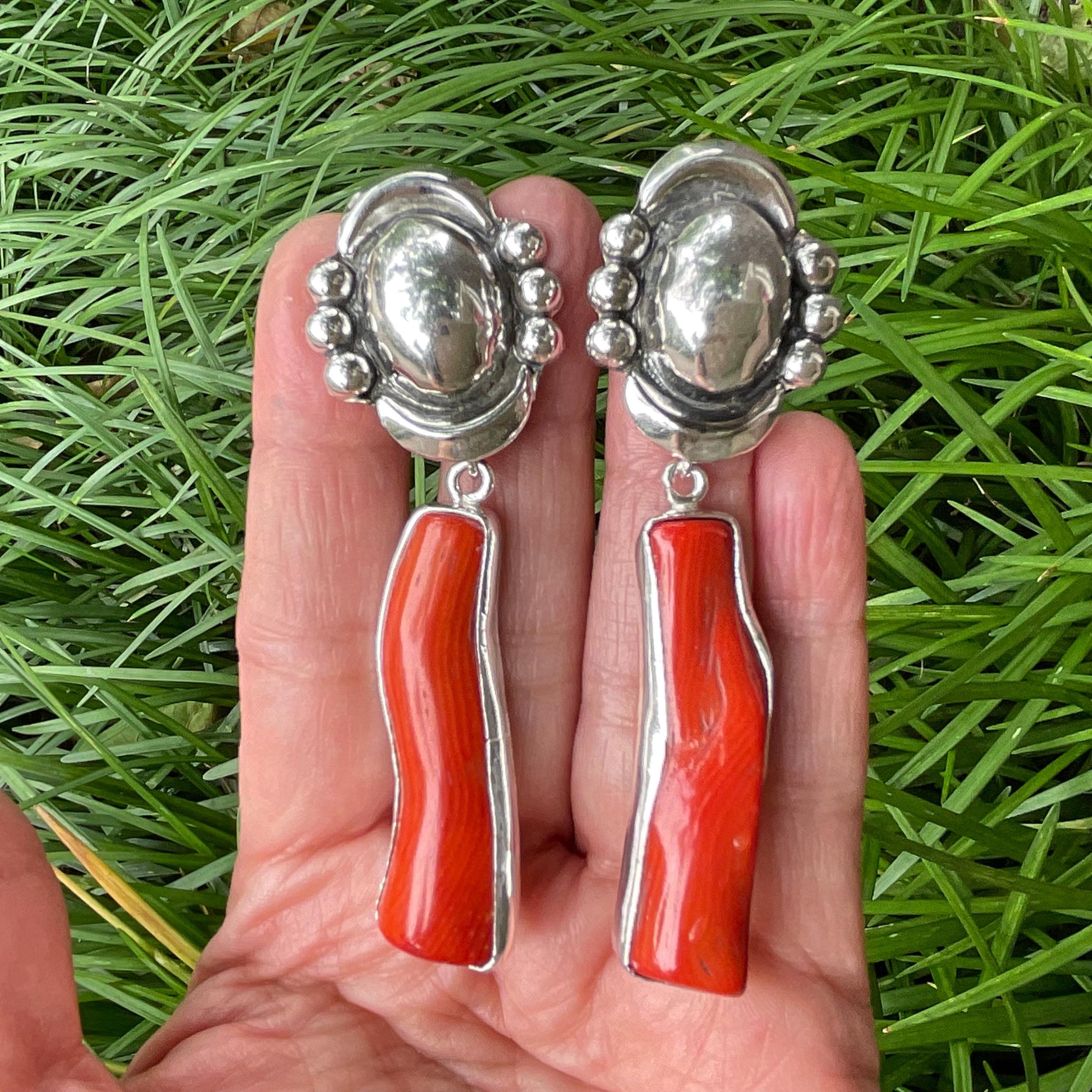 Sterling Silver statement red coral long earrings Colors Of Etnika