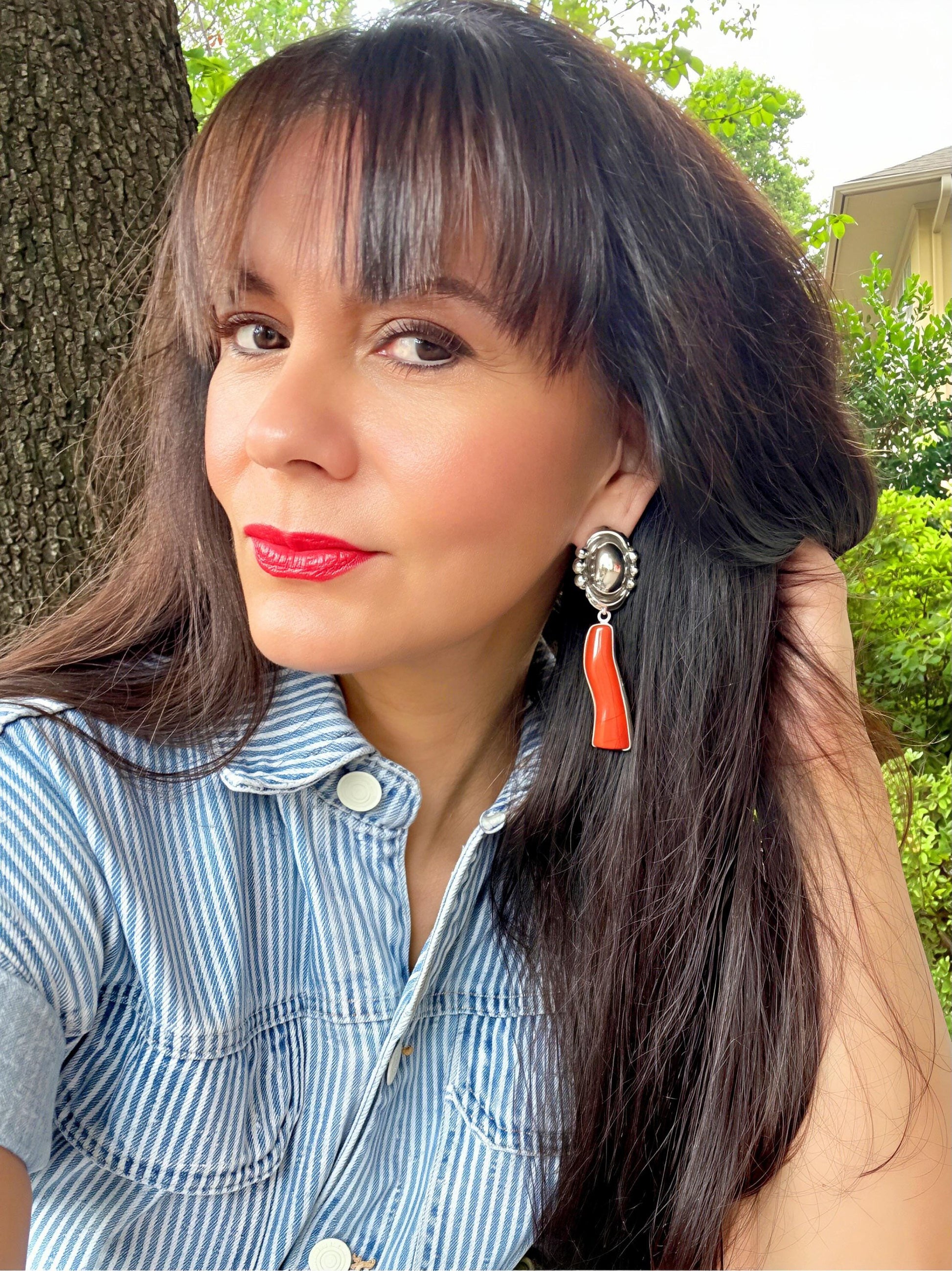 Sterling Silver statement red coral long earrings Colors Of Etnika