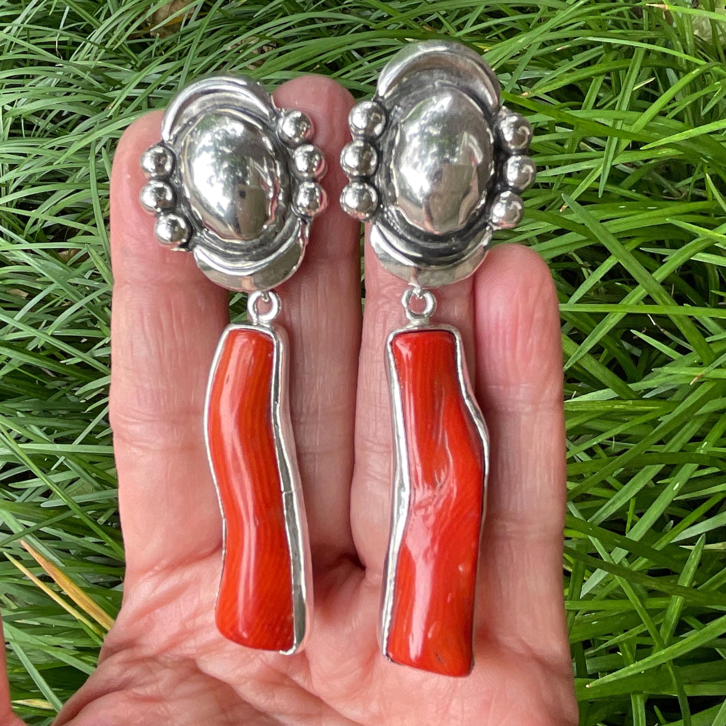 Sterling Silver statement red coral long earrings Colors Of Etnika