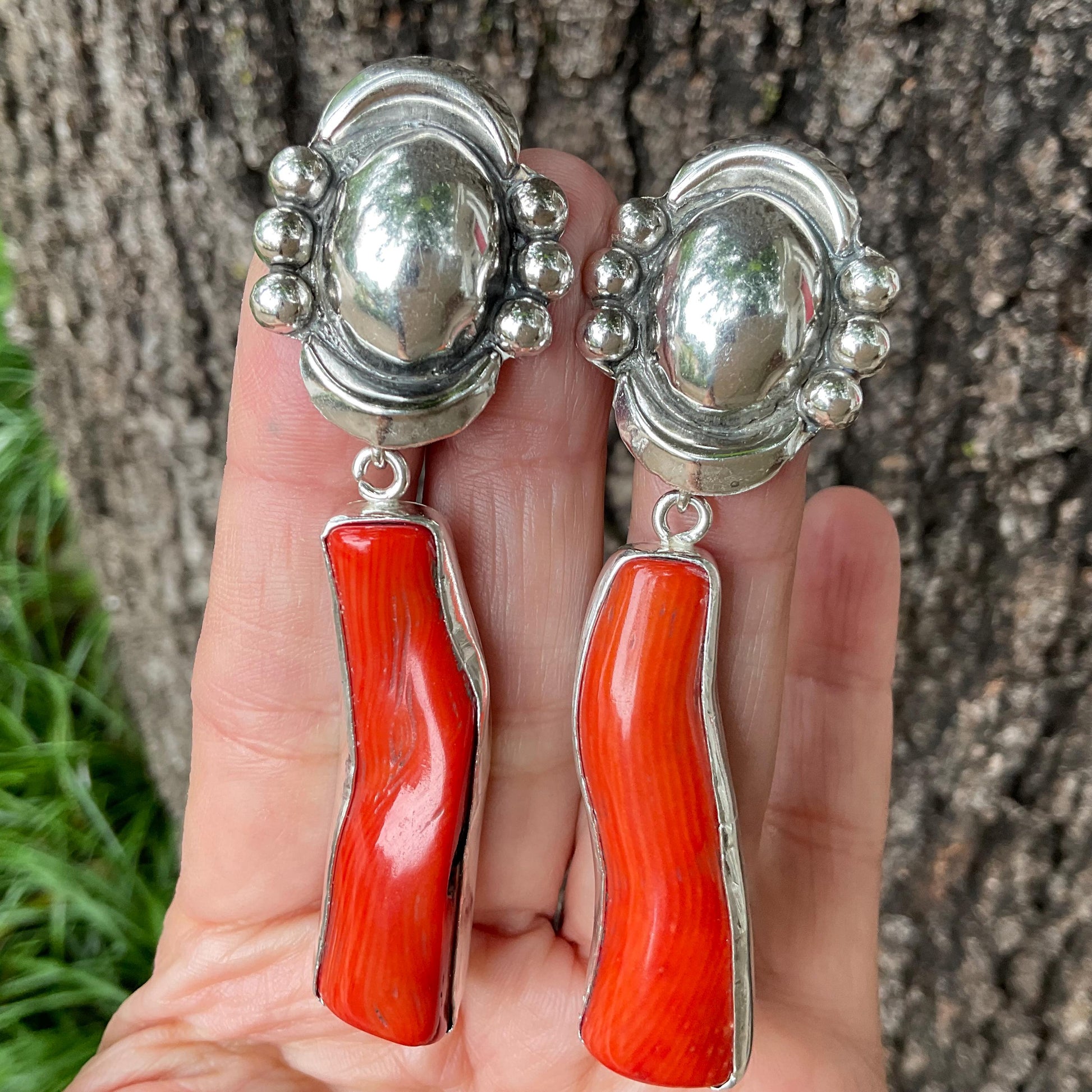 Sterling Silver statement red coral long earrings Colors Of Etnika